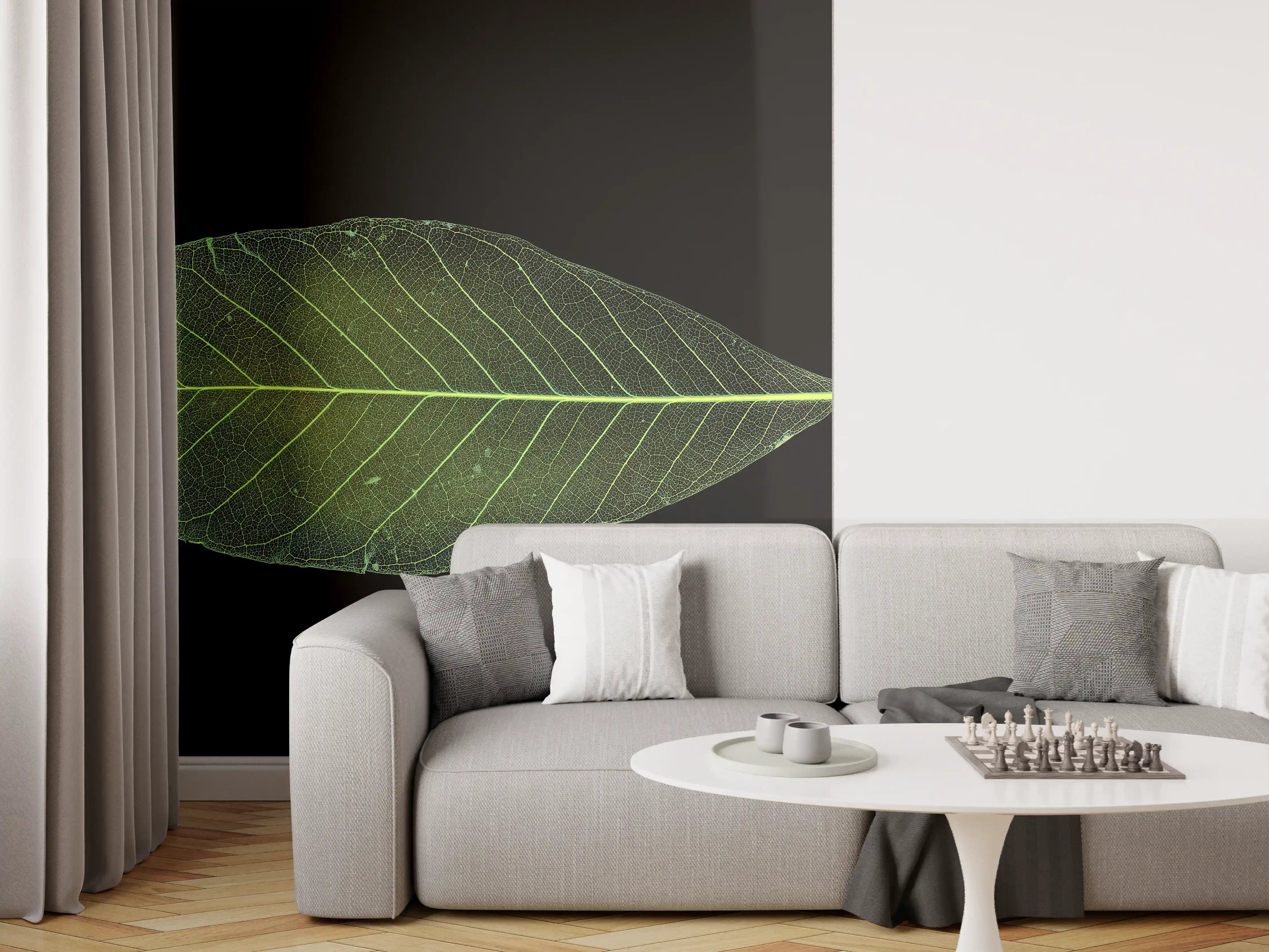 Wandverkleidung Wohnzimmer - Elegante grüne Blattform auf schwarzem Hintergrund