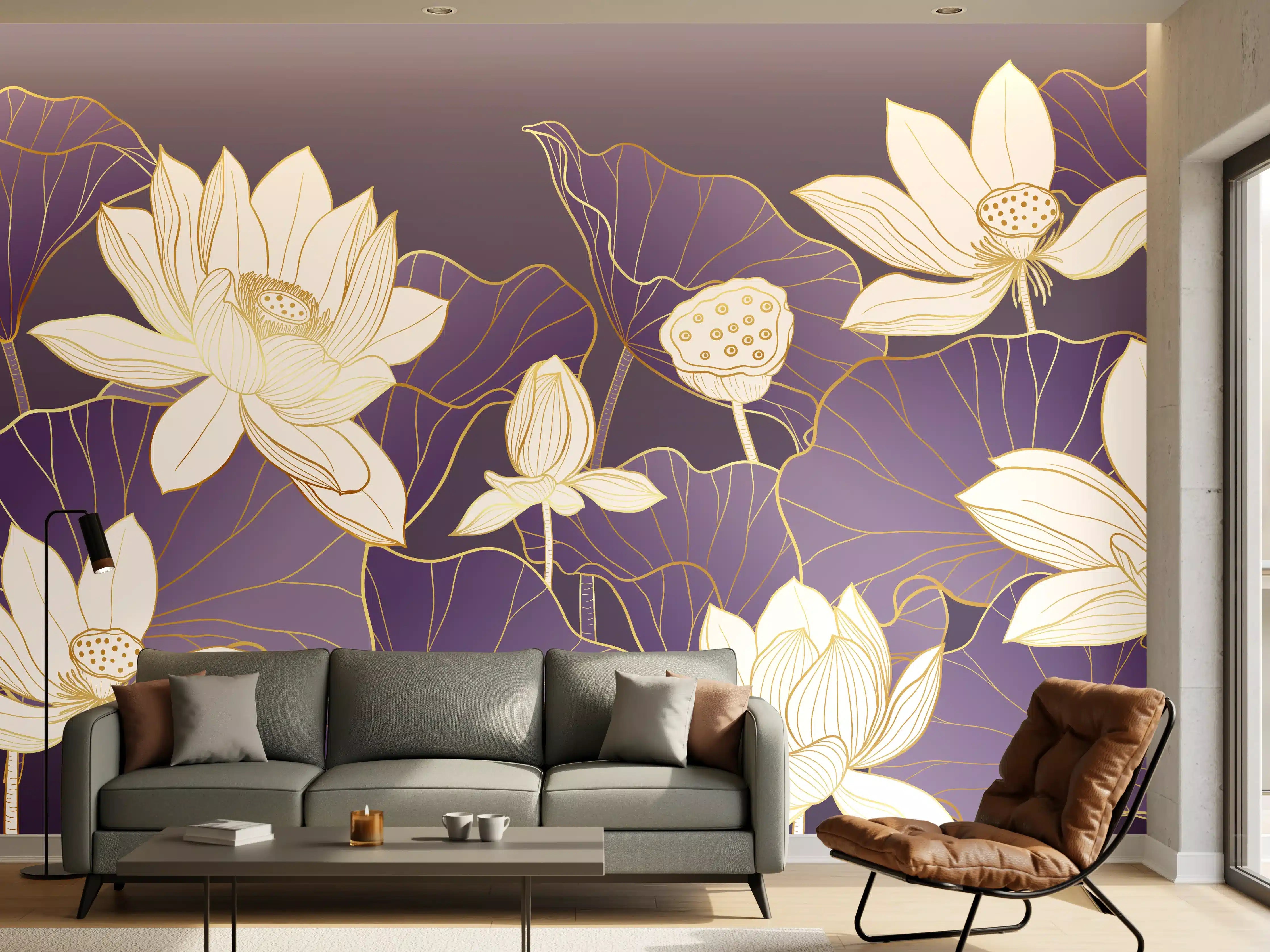 Wandverkleidung Wohnzimmer - Elegante lotusblumen auf violettem Hintergrund