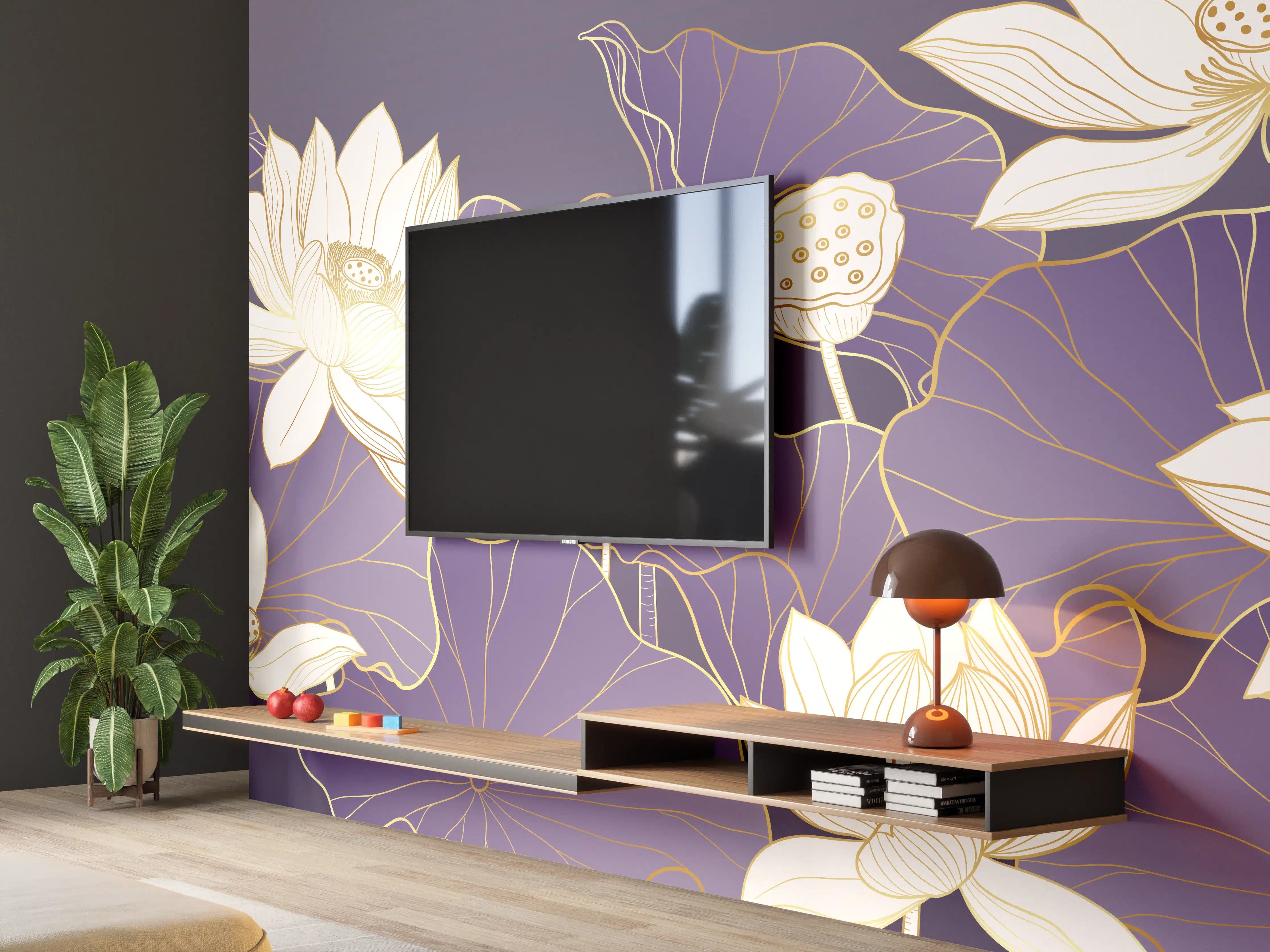 Wandverkleidung Wohnzimmer - Elegante lotusblumen auf violettem Hintergrund