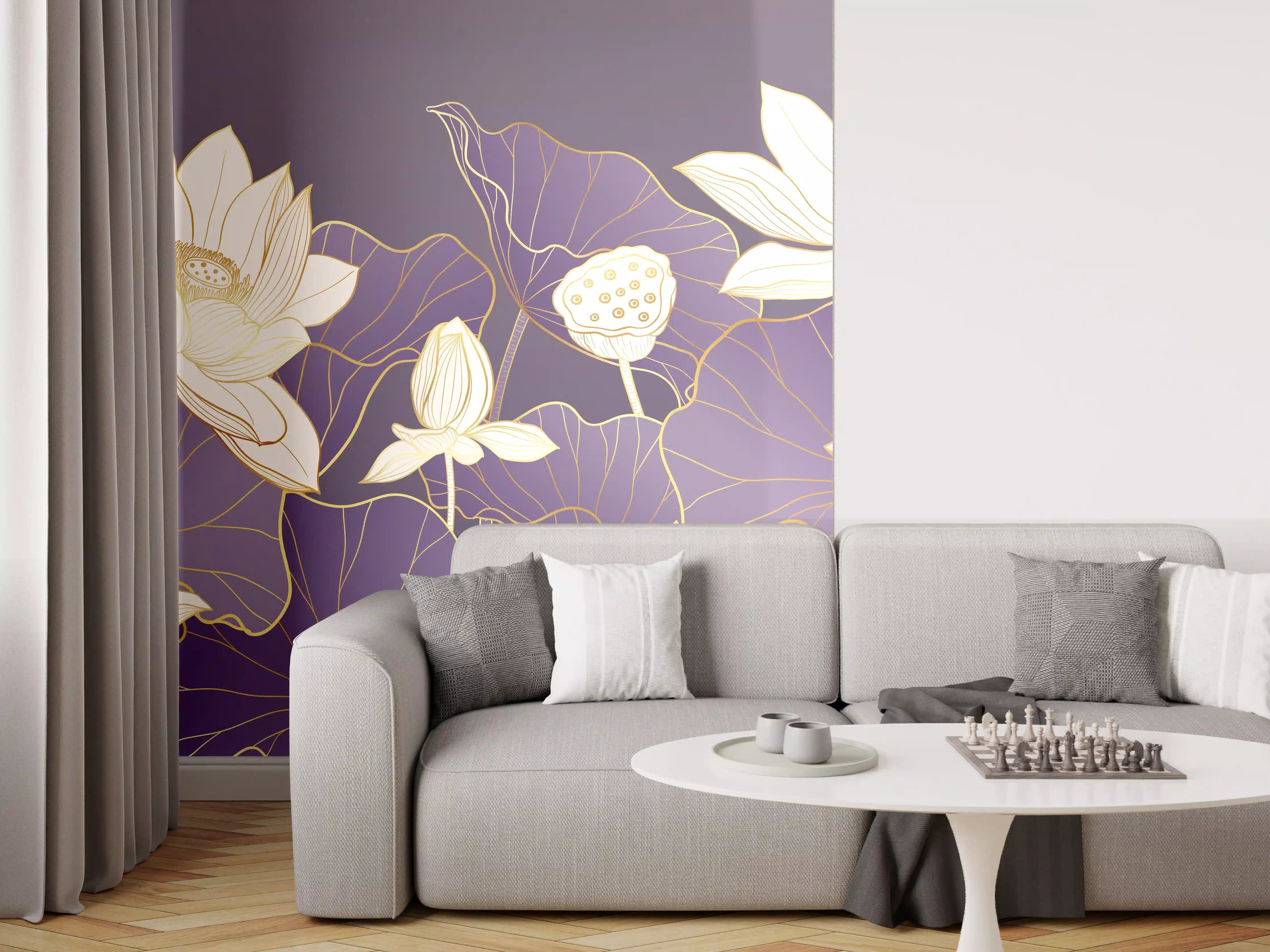 Wandverkleidung Wohnzimmer - Elegante lotusblumen auf violettem Hintergrund
