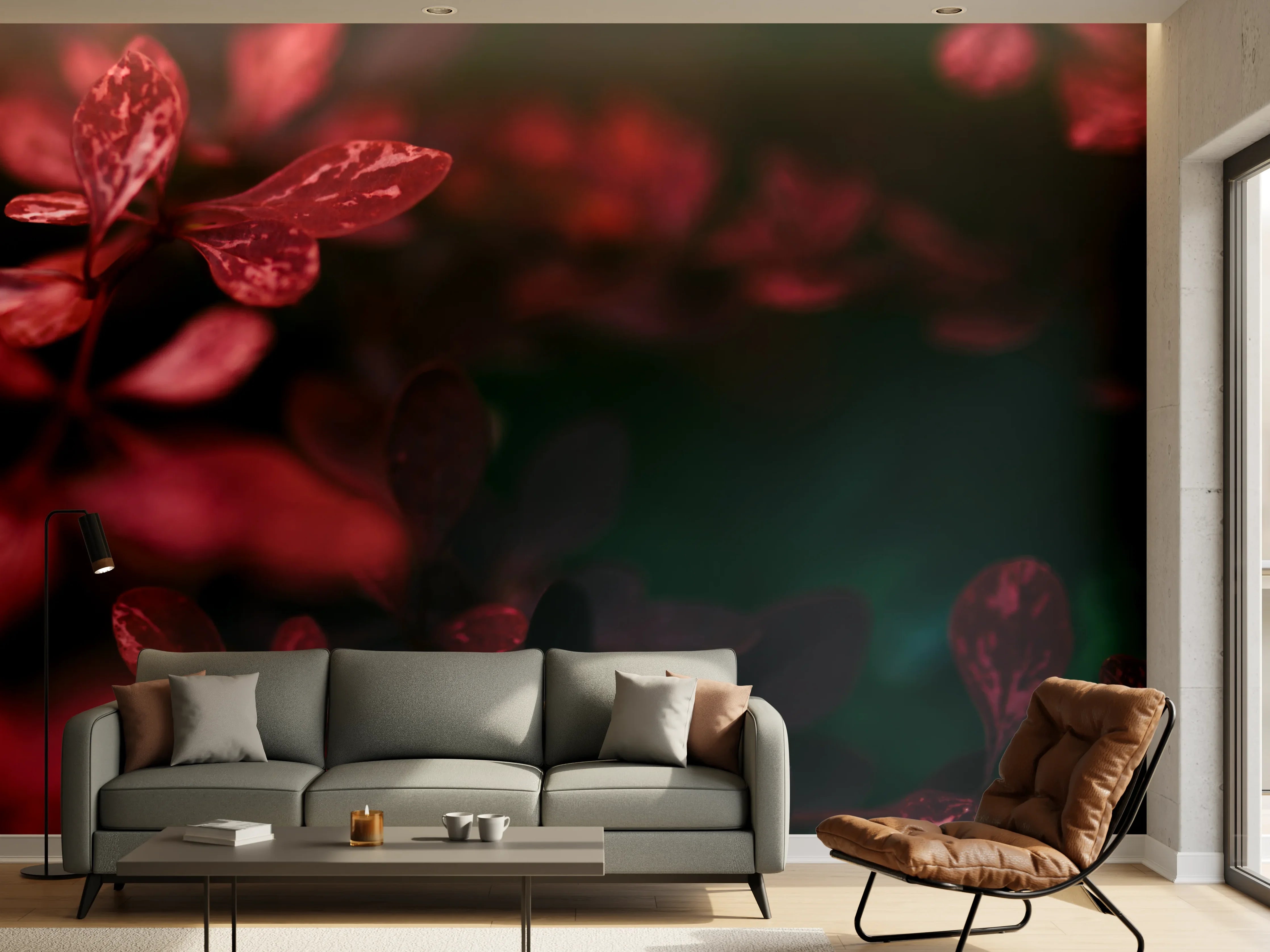 Wandverkleidung Wohnzimmer - Elegante rote Blätter in Nahaufnahme