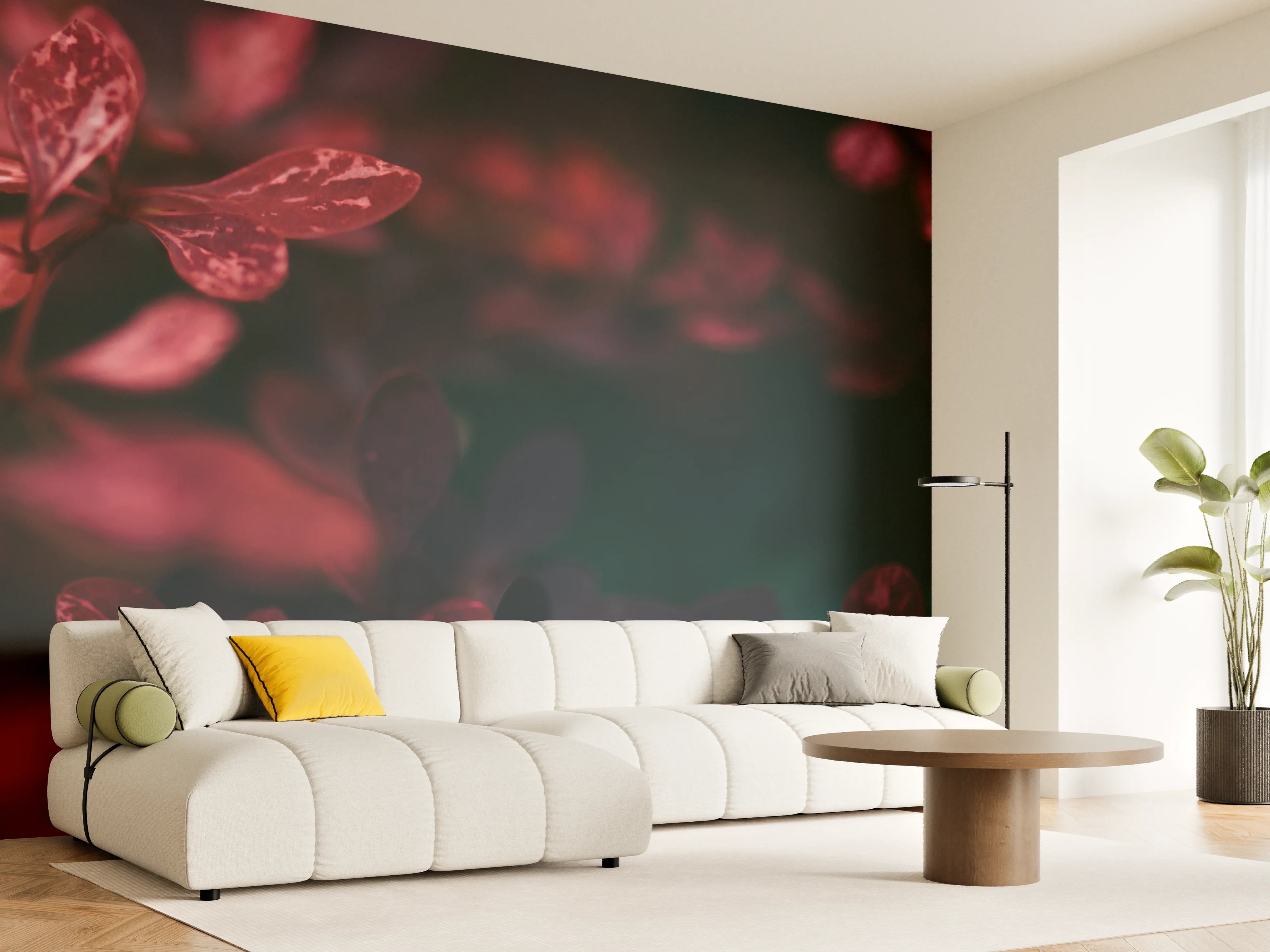 Wandverkleidung Wohnzimmer - Elegante rote Blätter in Nahaufnahme