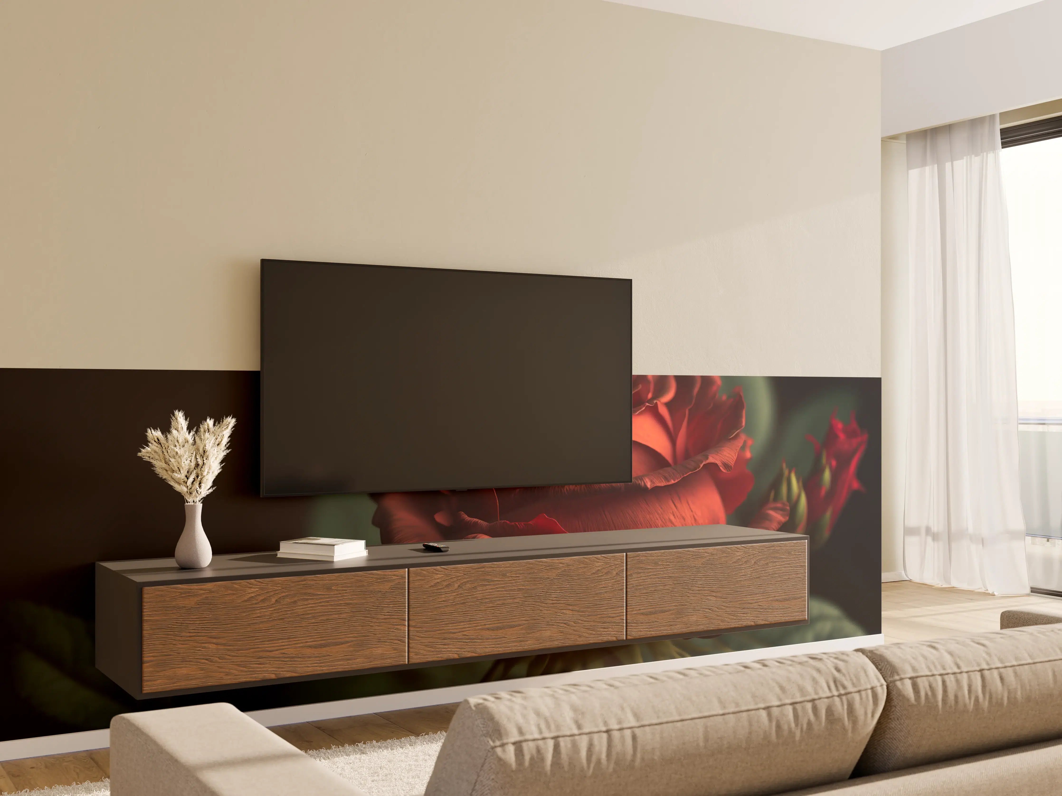 Wandverkleidung Wohnzimmer - Elegante rote Rose im dunklen Hintergrund