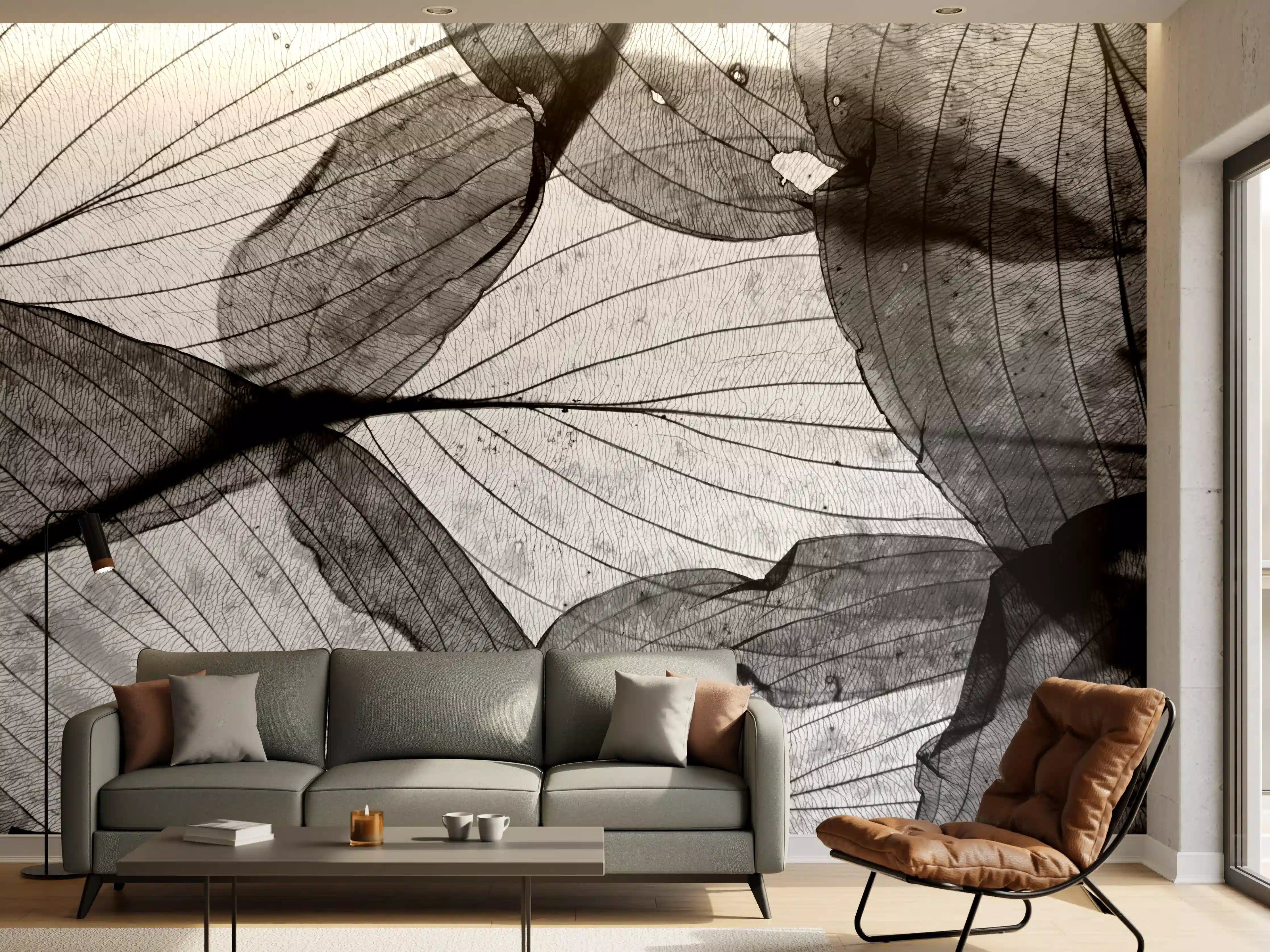 Wandverkleidung Wohnzimmer - Elegante schwarze Blätter in Schwarzweiß