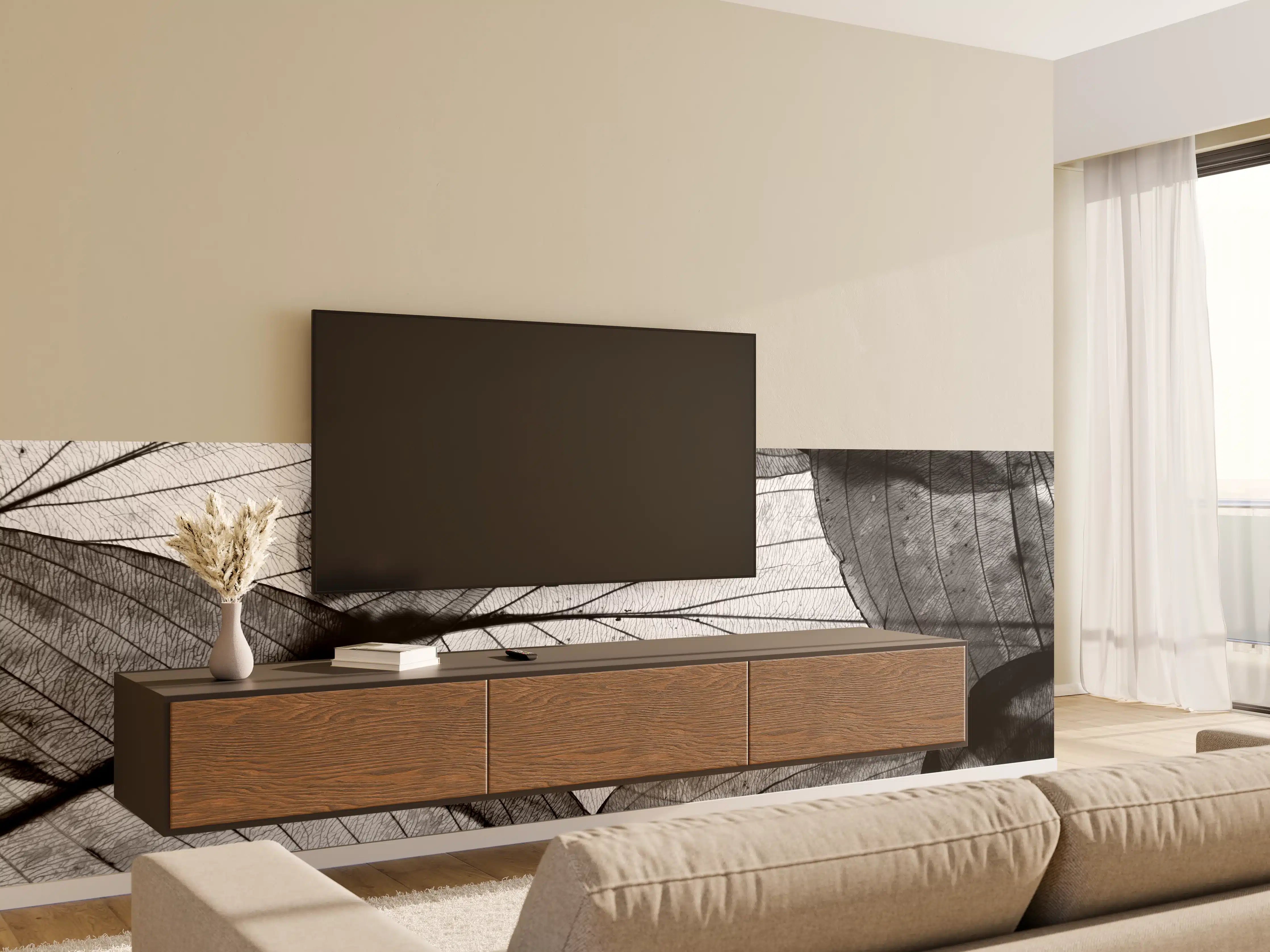 Wandverkleidung Wohnzimmer - Elegante schwarze Blätter in Schwarzweiß