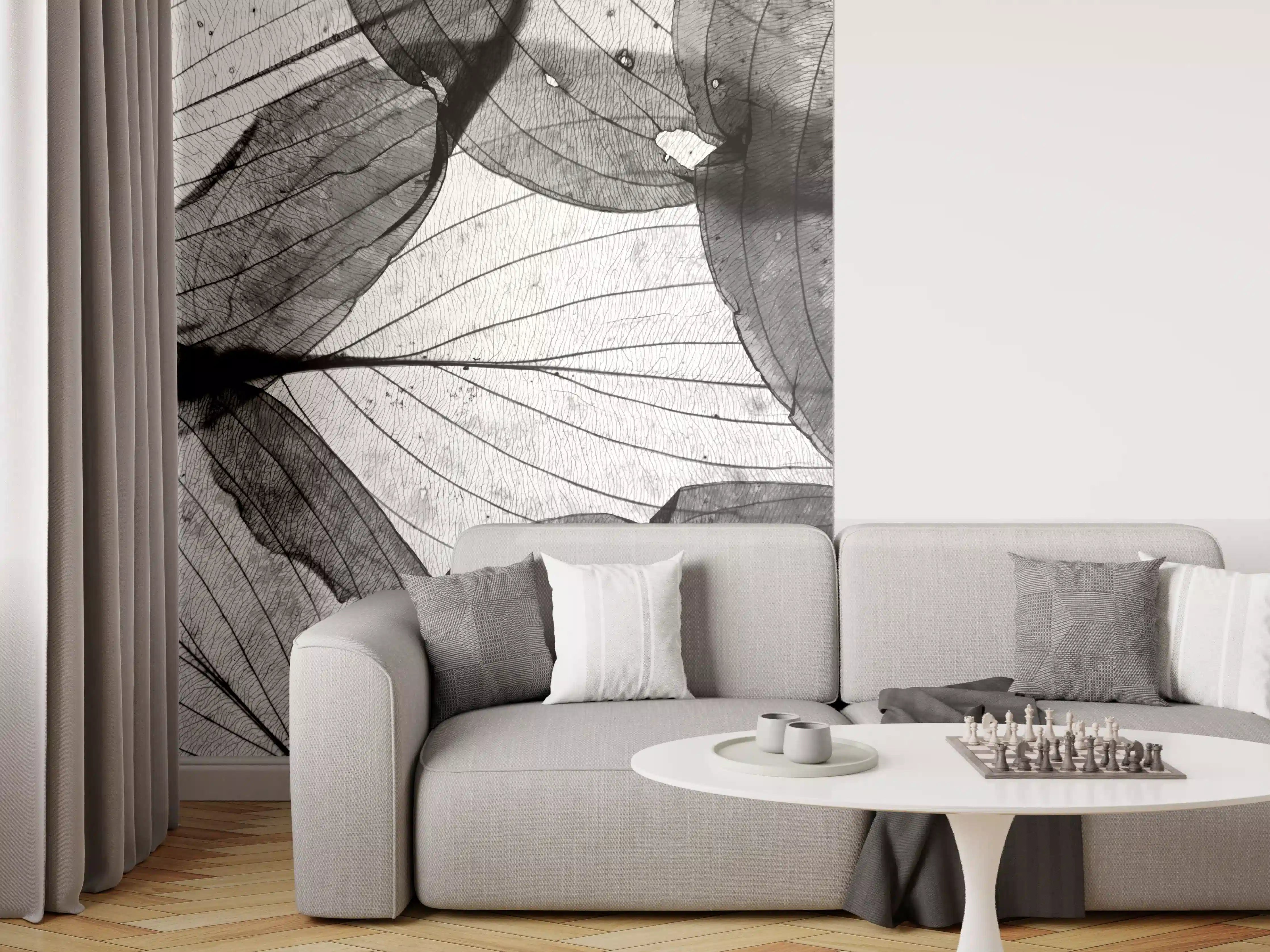 Wandverkleidung Wohnzimmer - Elegante schwarze Blätter in Schwarzweiß