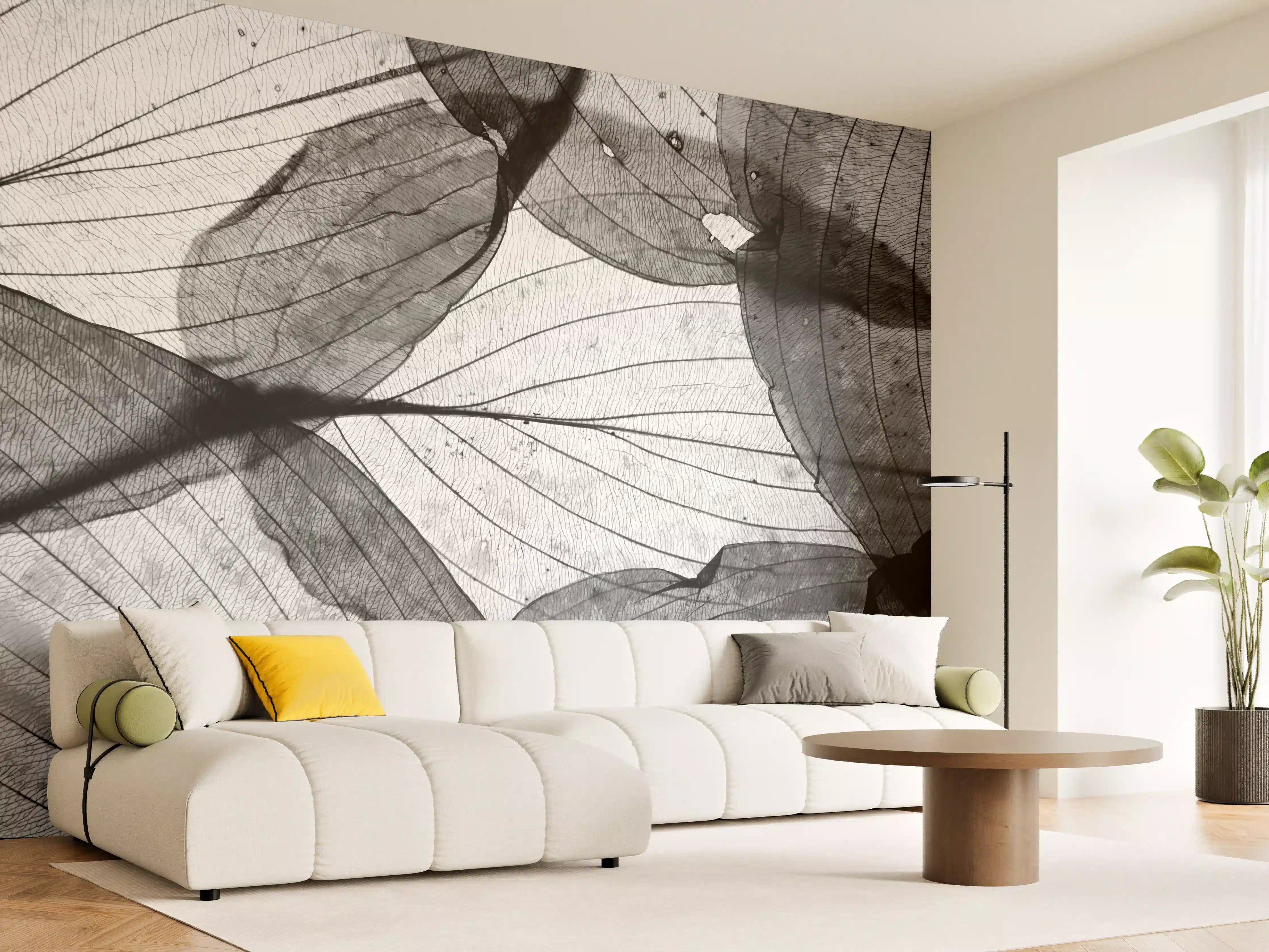 Wandverkleidung Wohnzimmer - Elegante schwarze Blätter in Schwarzweiß