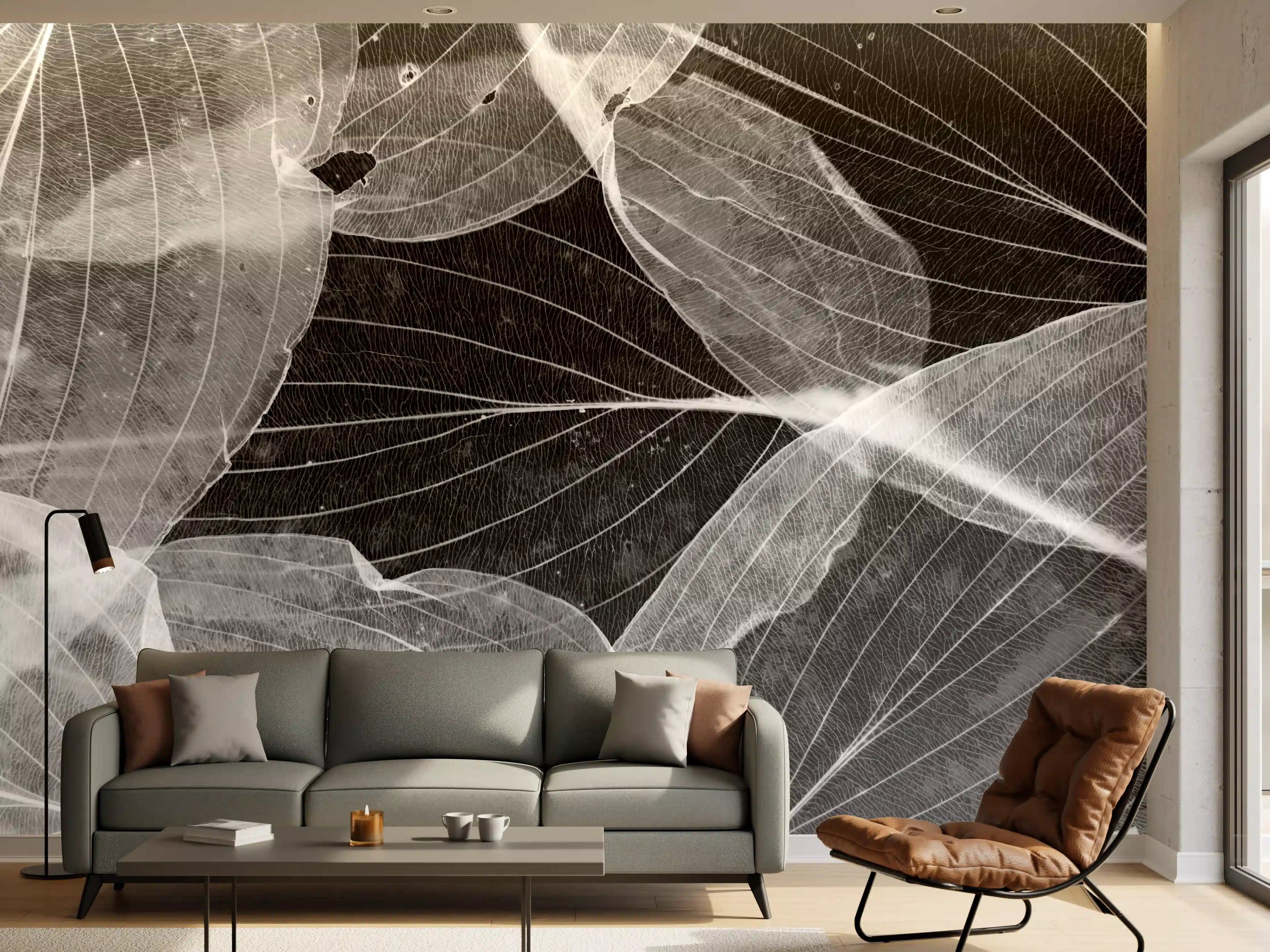 Wandverkleidung Wohnzimmer - Elegante schwarze Blätter mit feinen Linien