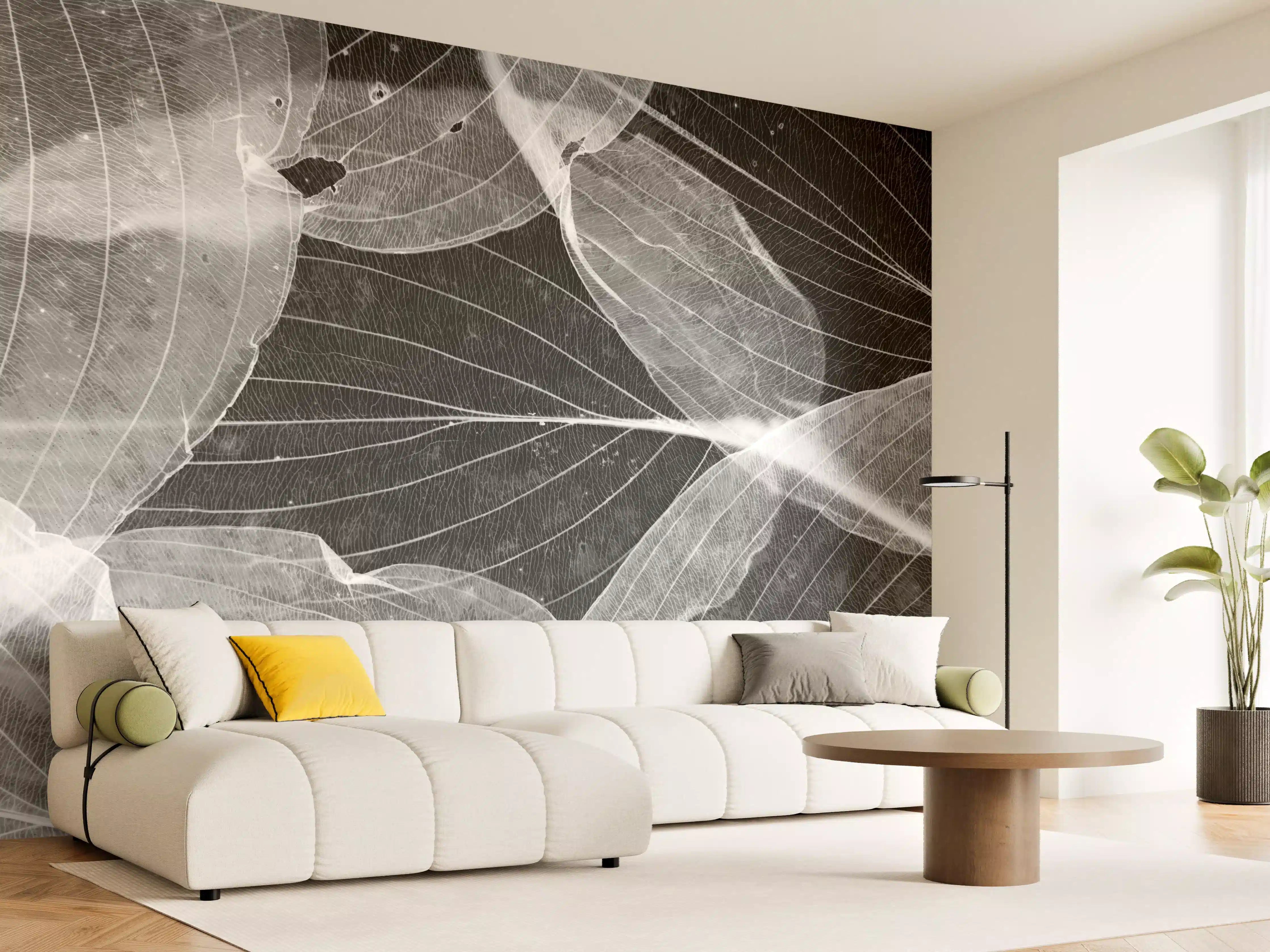 Wandverkleidung Wohnzimmer - Elegante schwarze Blätter mit feinen Linien