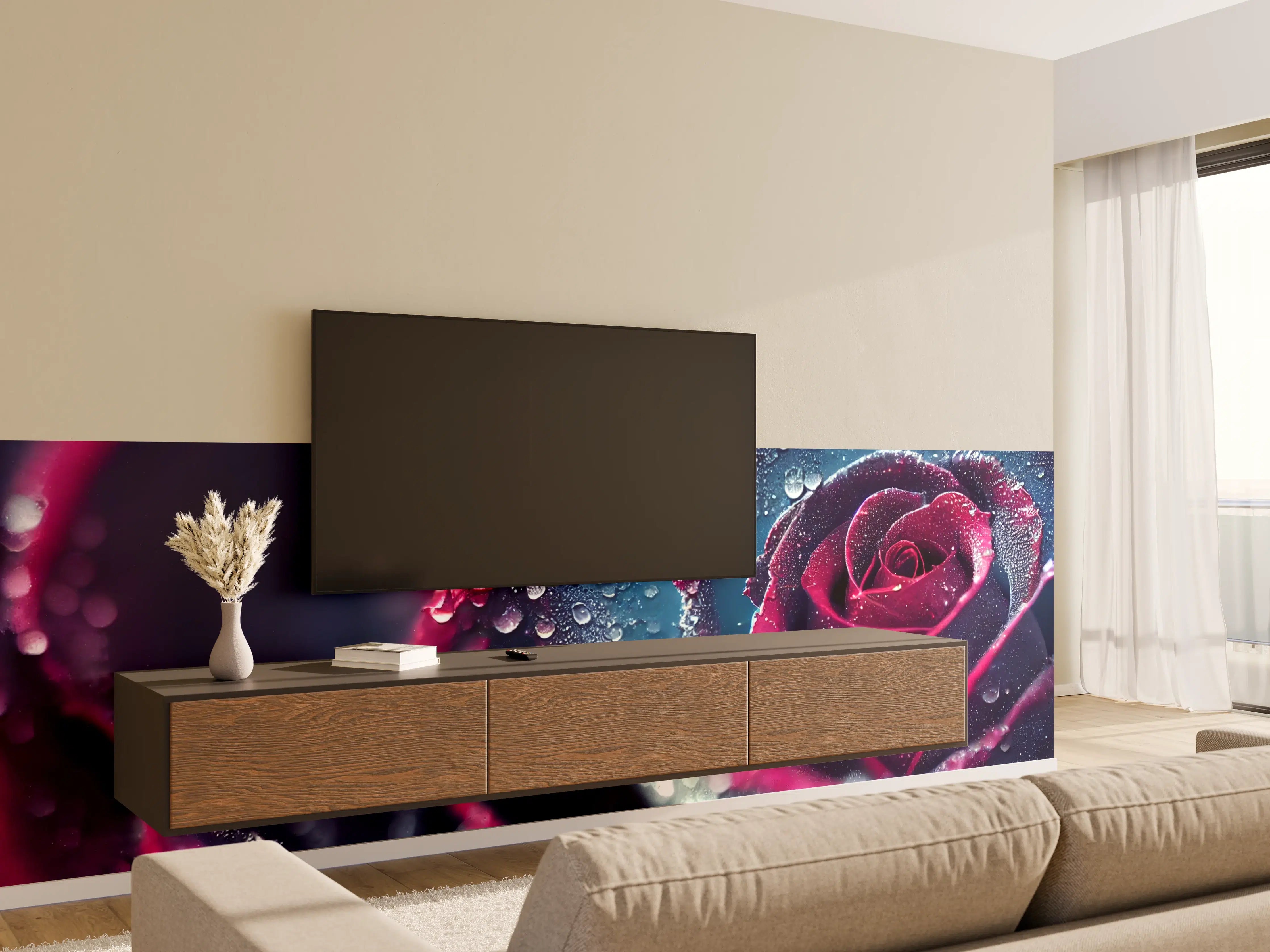 Wandverkleidung Wohnzimmer - Elegante schwarze Rose mit Tautropfen