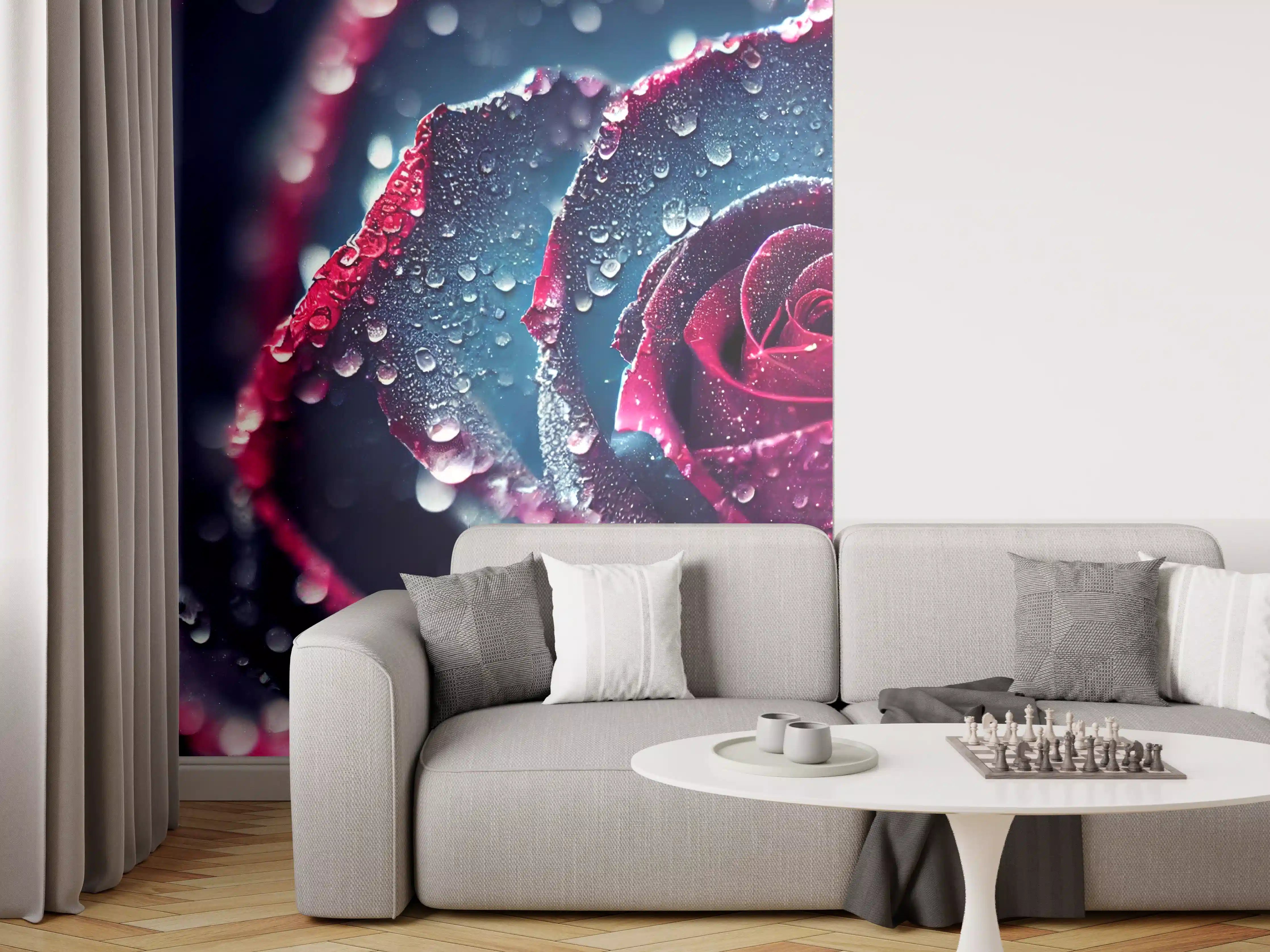 Wandverkleidung Wohnzimmer - Elegante schwarze Rose mit Tautropfen