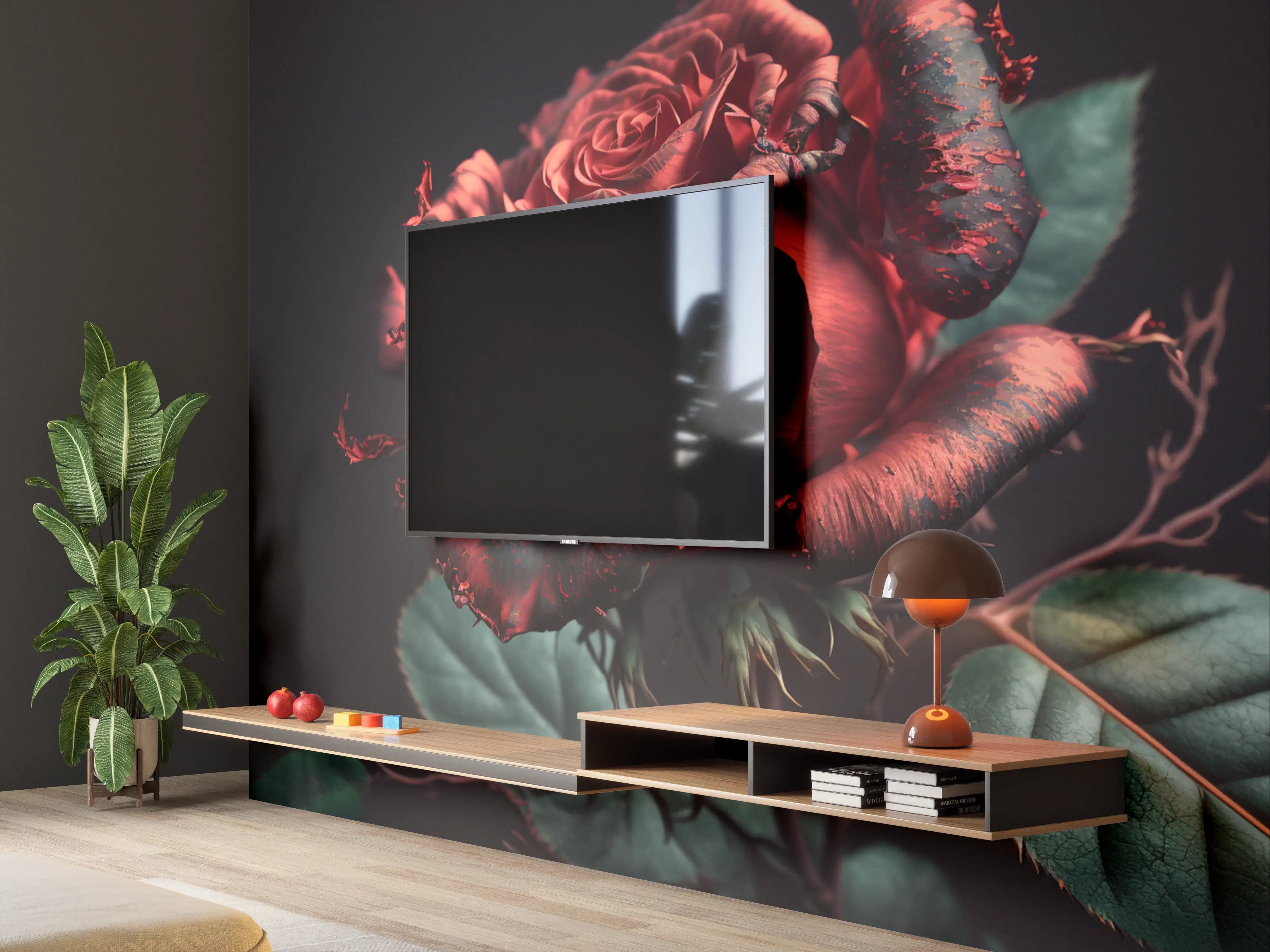 Wandverkleidung Wohnzimmer - Elegante schwarze Rose mit roten Akzenten