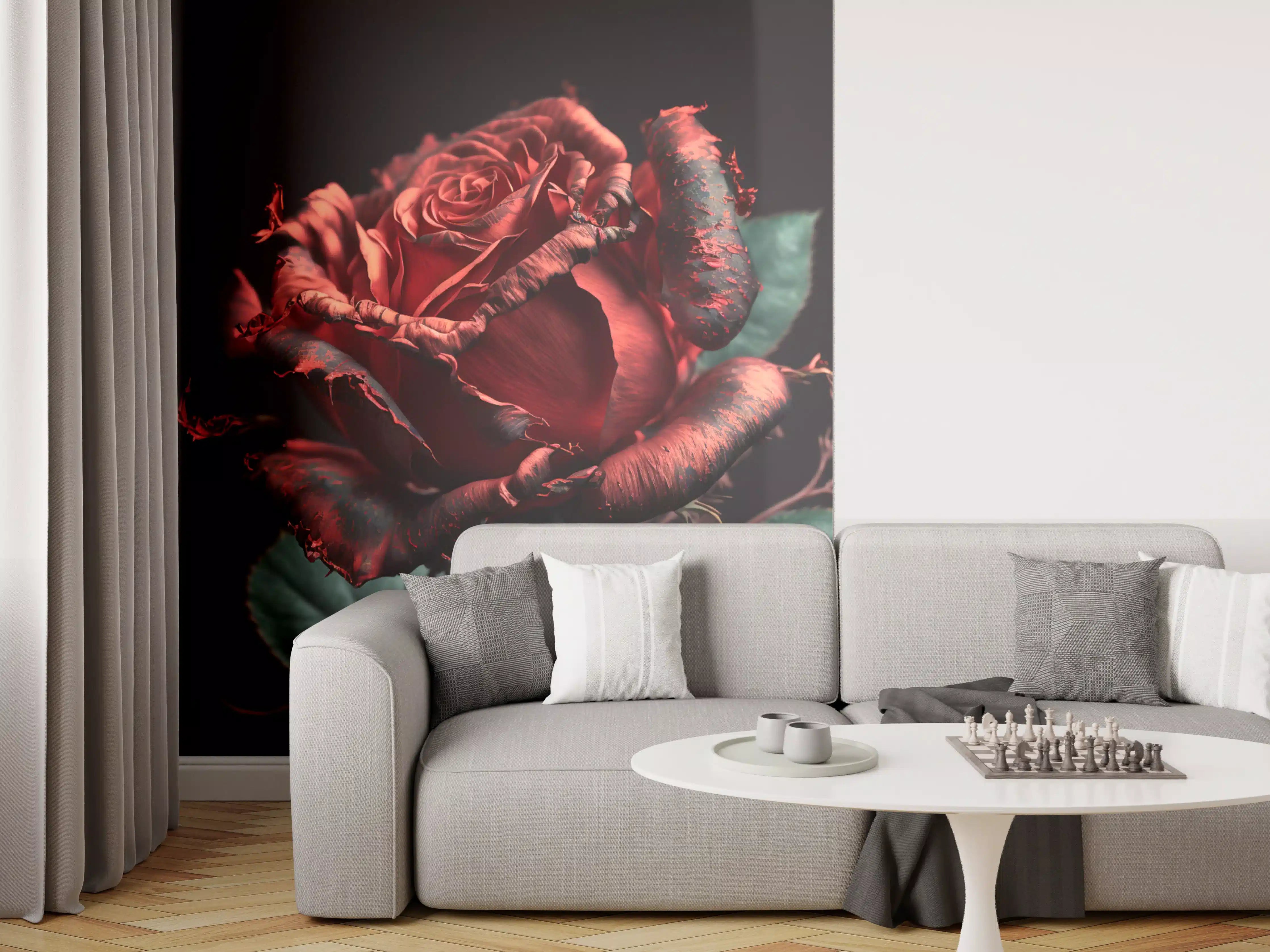 Wandverkleidung Wohnzimmer - Elegante schwarze Rose mit roten Akzenten
