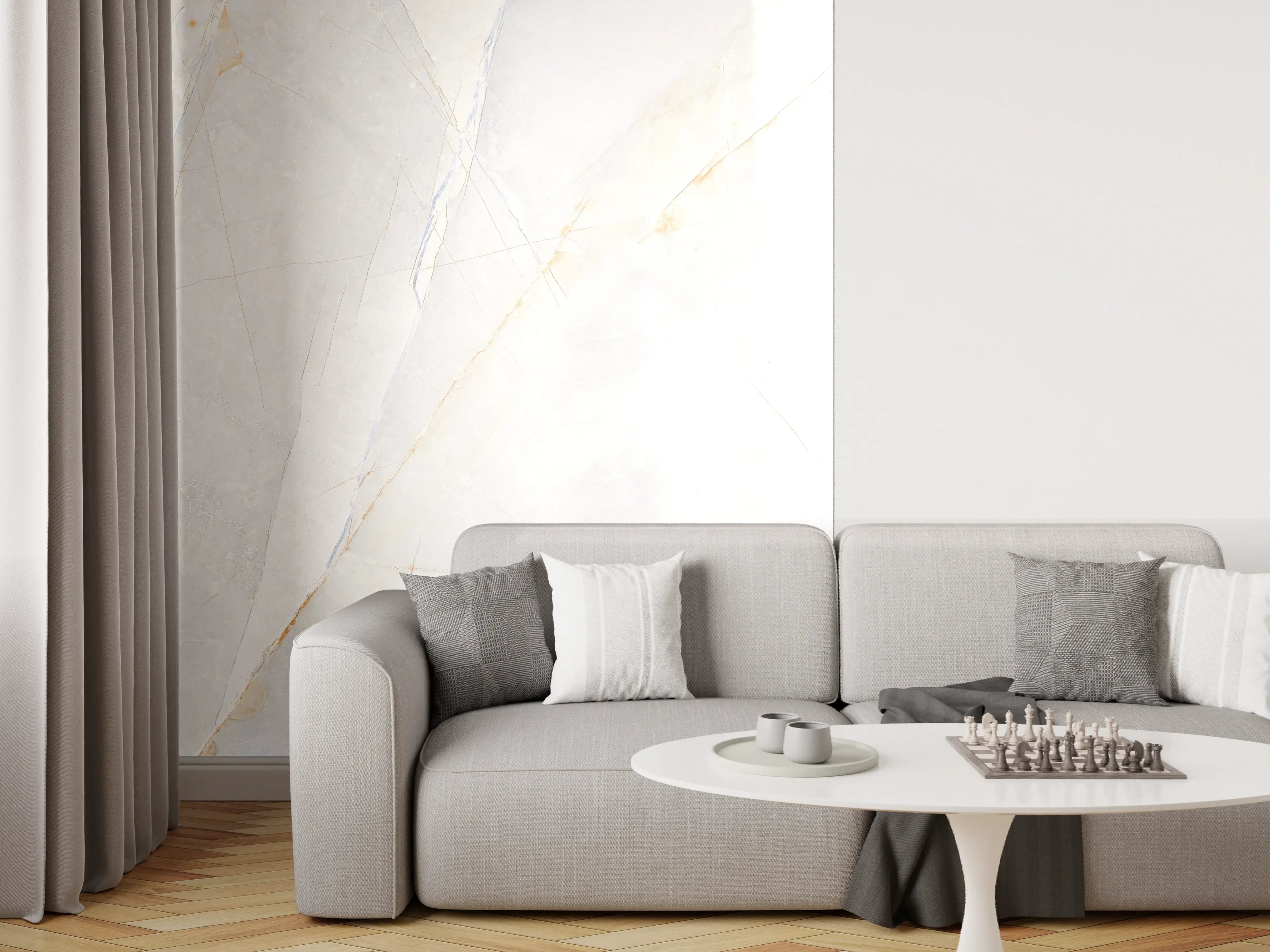 Wandverkleidung Wohnzimmer - Elegante weiße Marmorfliese mit natürlichen Mustern