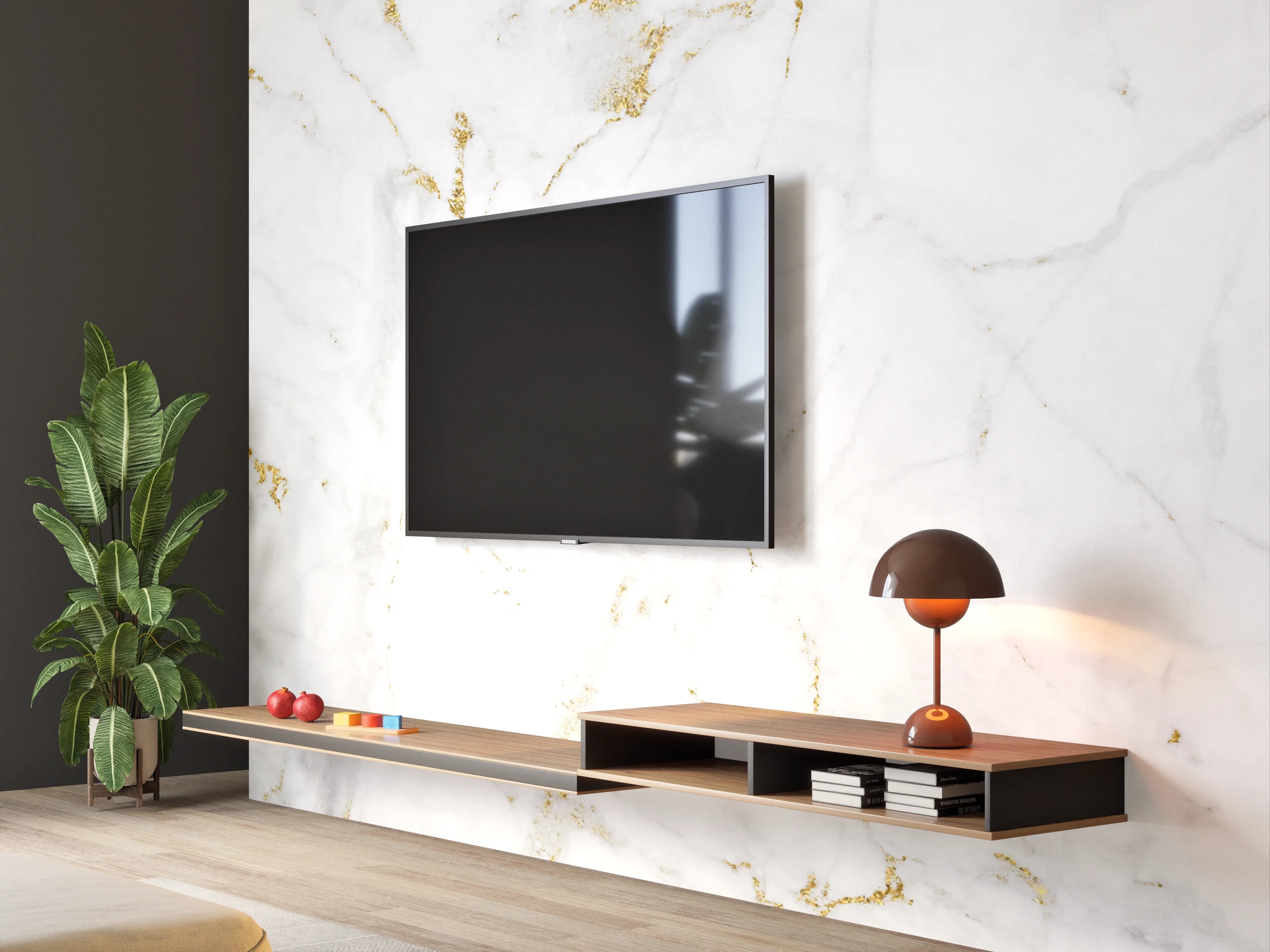 Wandverkleidung Wohnzimmer - Elegante weiße Marmoroptik mit goldenen Akzenten
