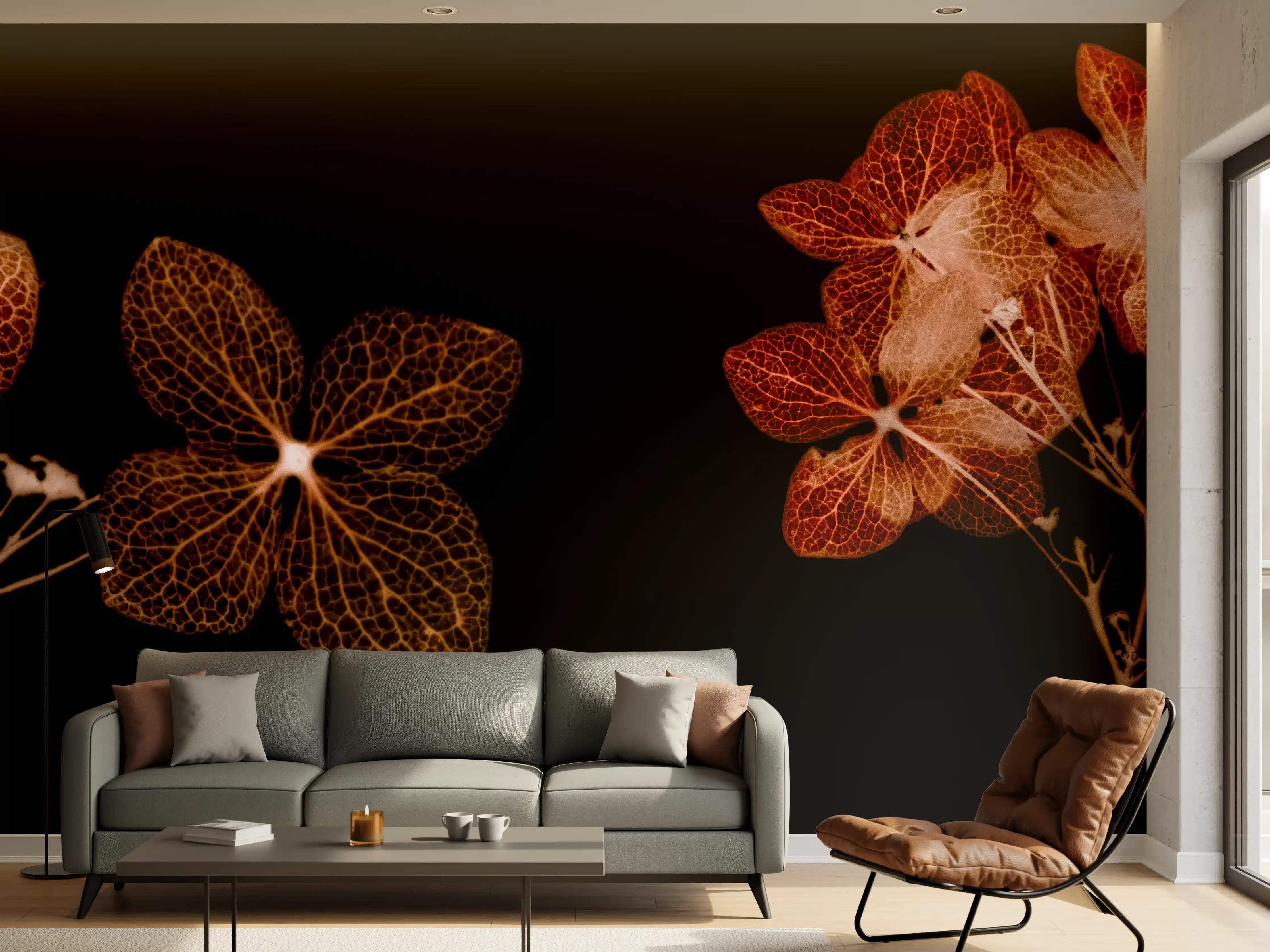 Wandverkleidung Wohnzimmer - Elegante, auf Dunkel subtil inszenierte Blätter-Illustration