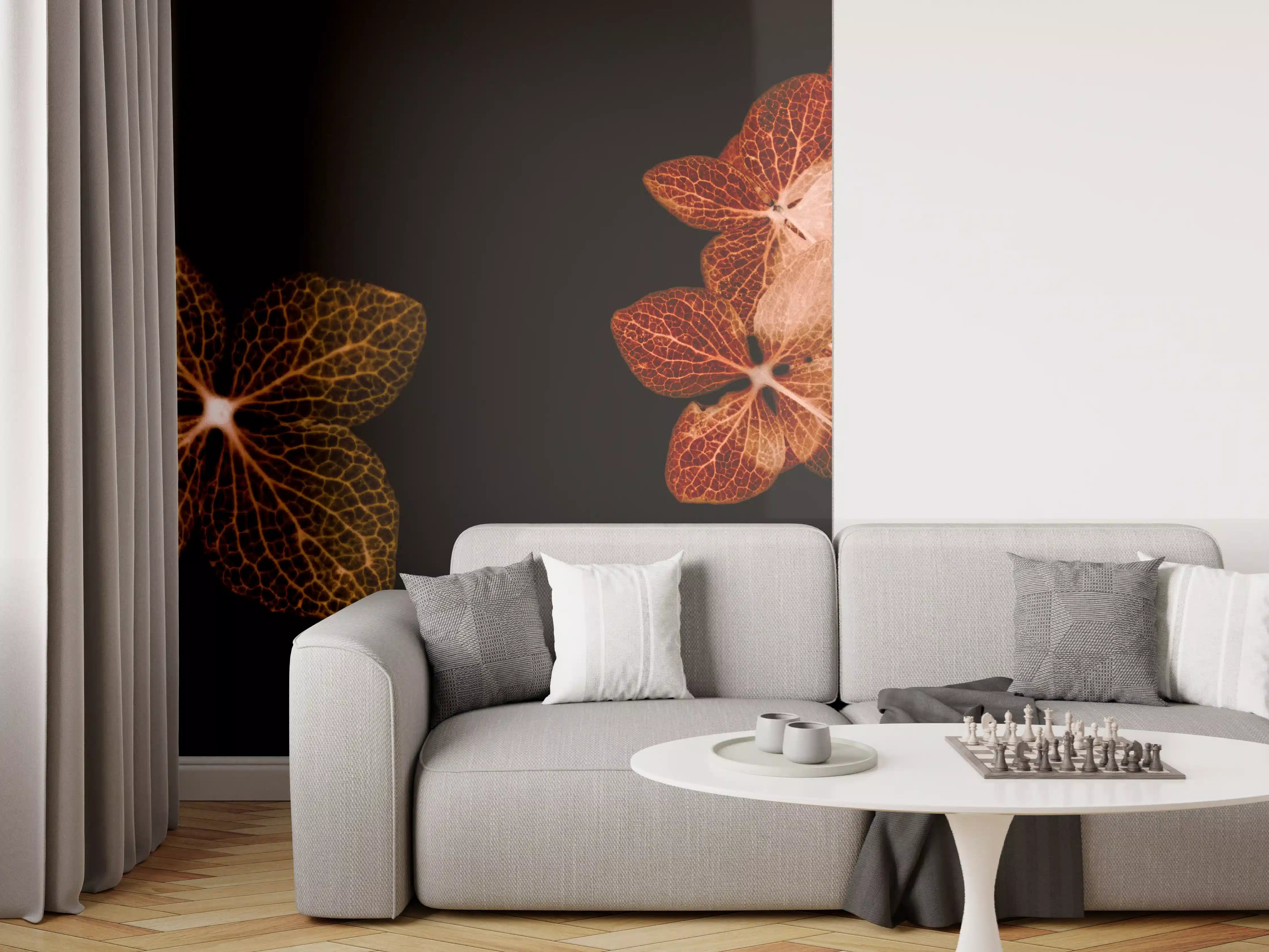 Wandverkleidung Wohnzimmer - Elegante, auf Dunkel subtil inszenierte Blätter-Illustration