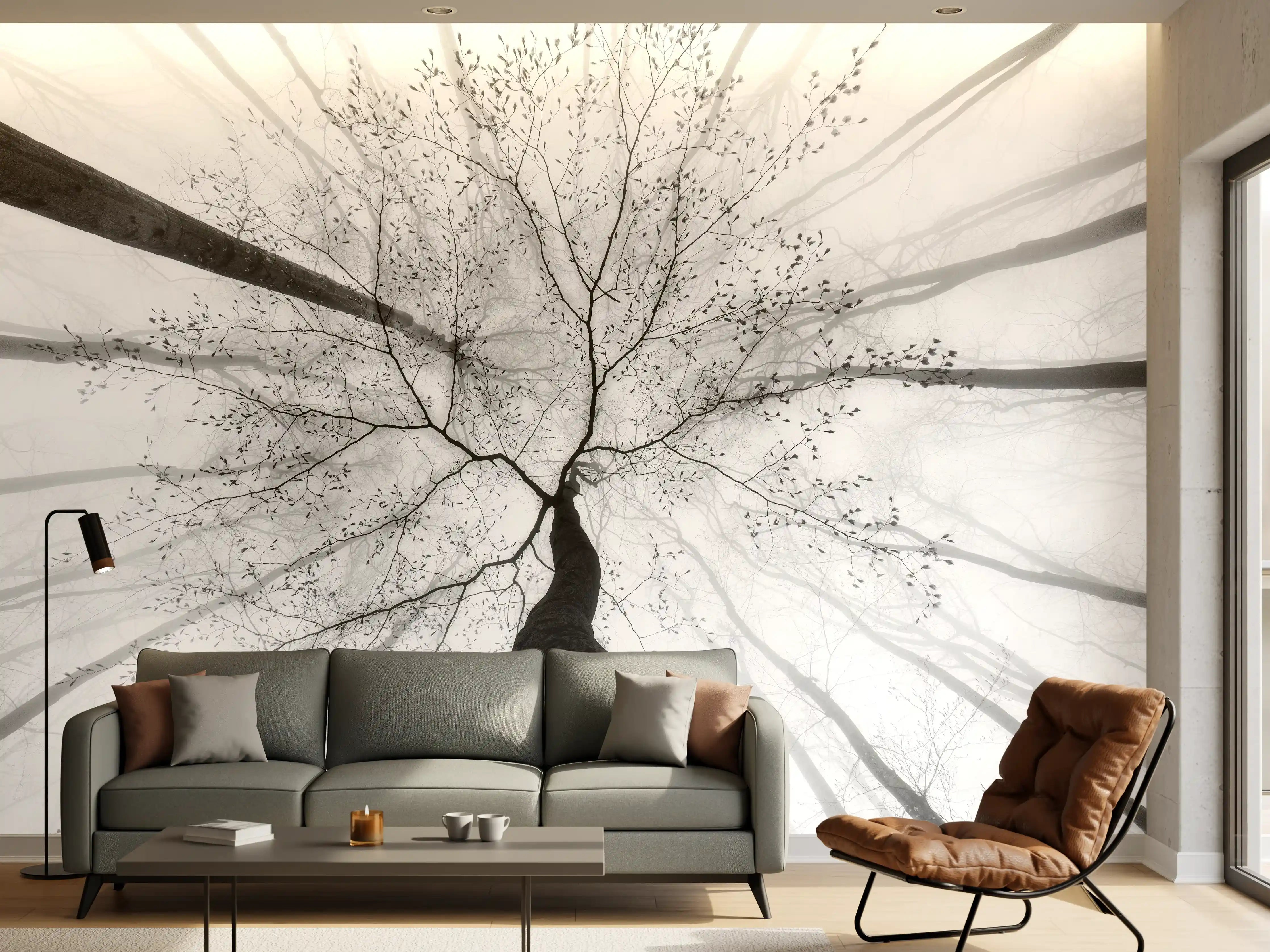 Wandverkleidung Wohnzimmer - Eleganter Baum in Nebelwald
