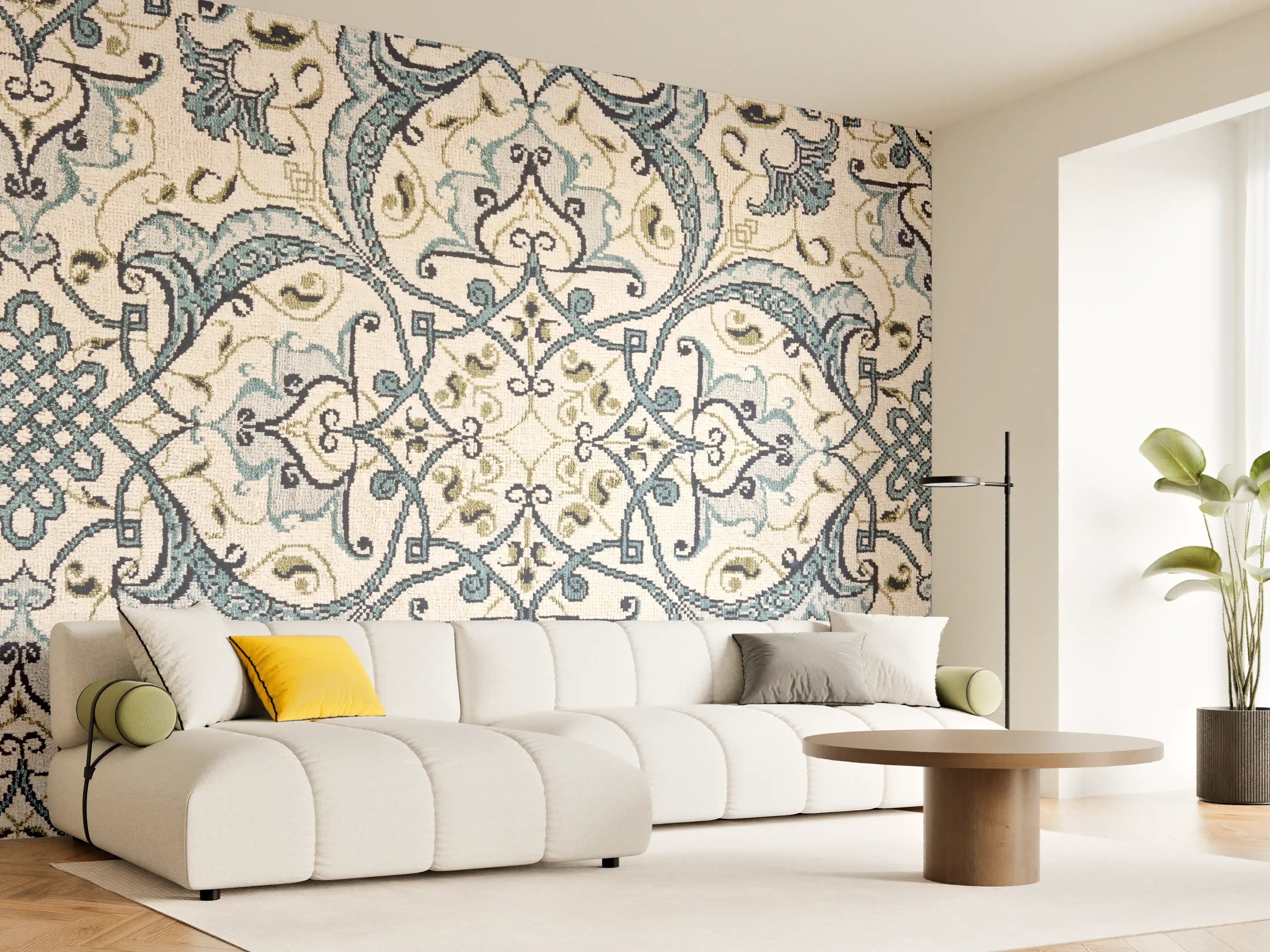 Wandverkleidung Wohnzimmer - Eleganter Fliesenmuster mit blauen Akzenten