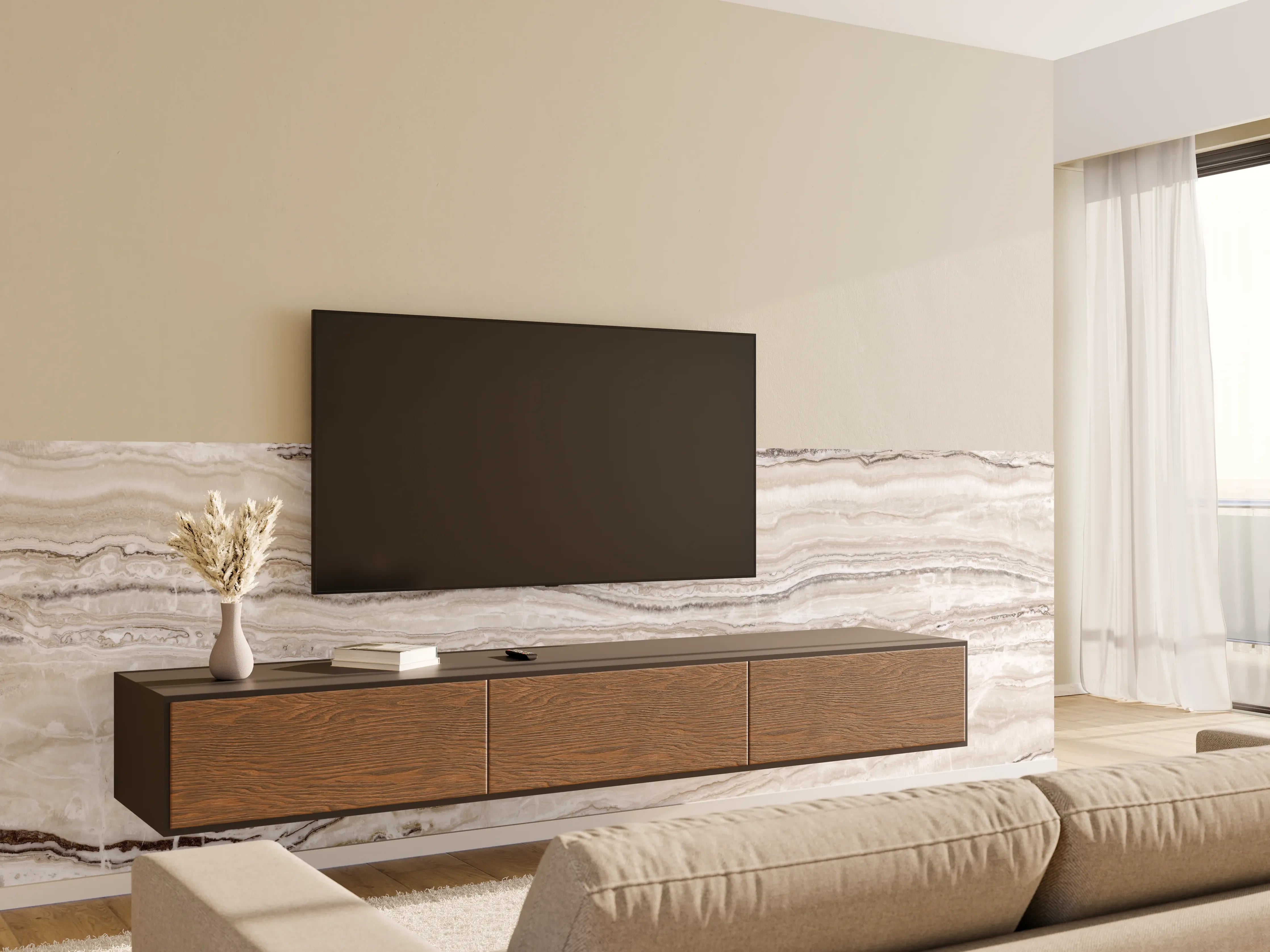 Wandverkleidung Wohnzimmer - Eleganter Grau-Weiß-Marmor