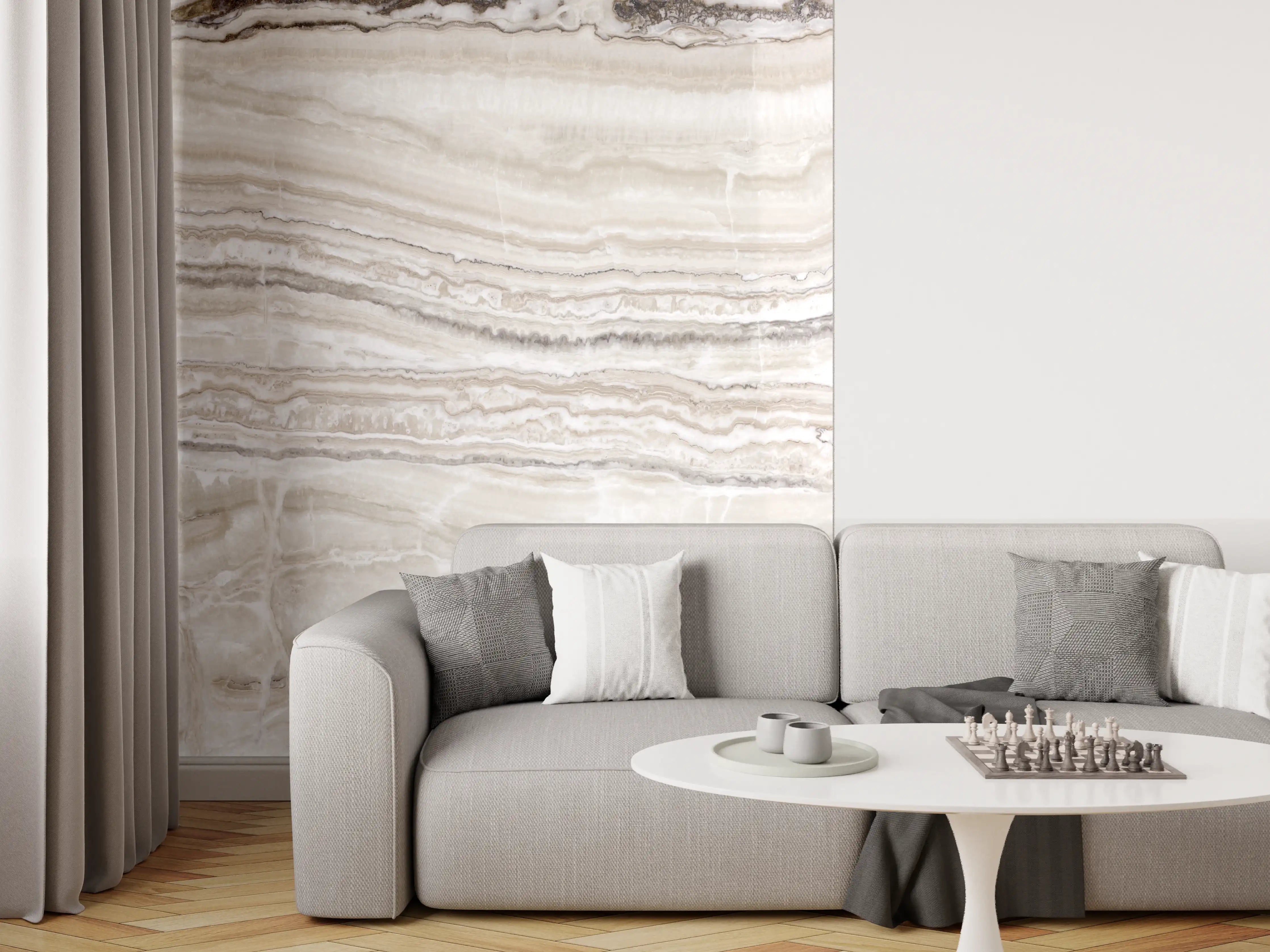 Wandverkleidung Wohnzimmer - Eleganter Grau-Weiß-Marmor
