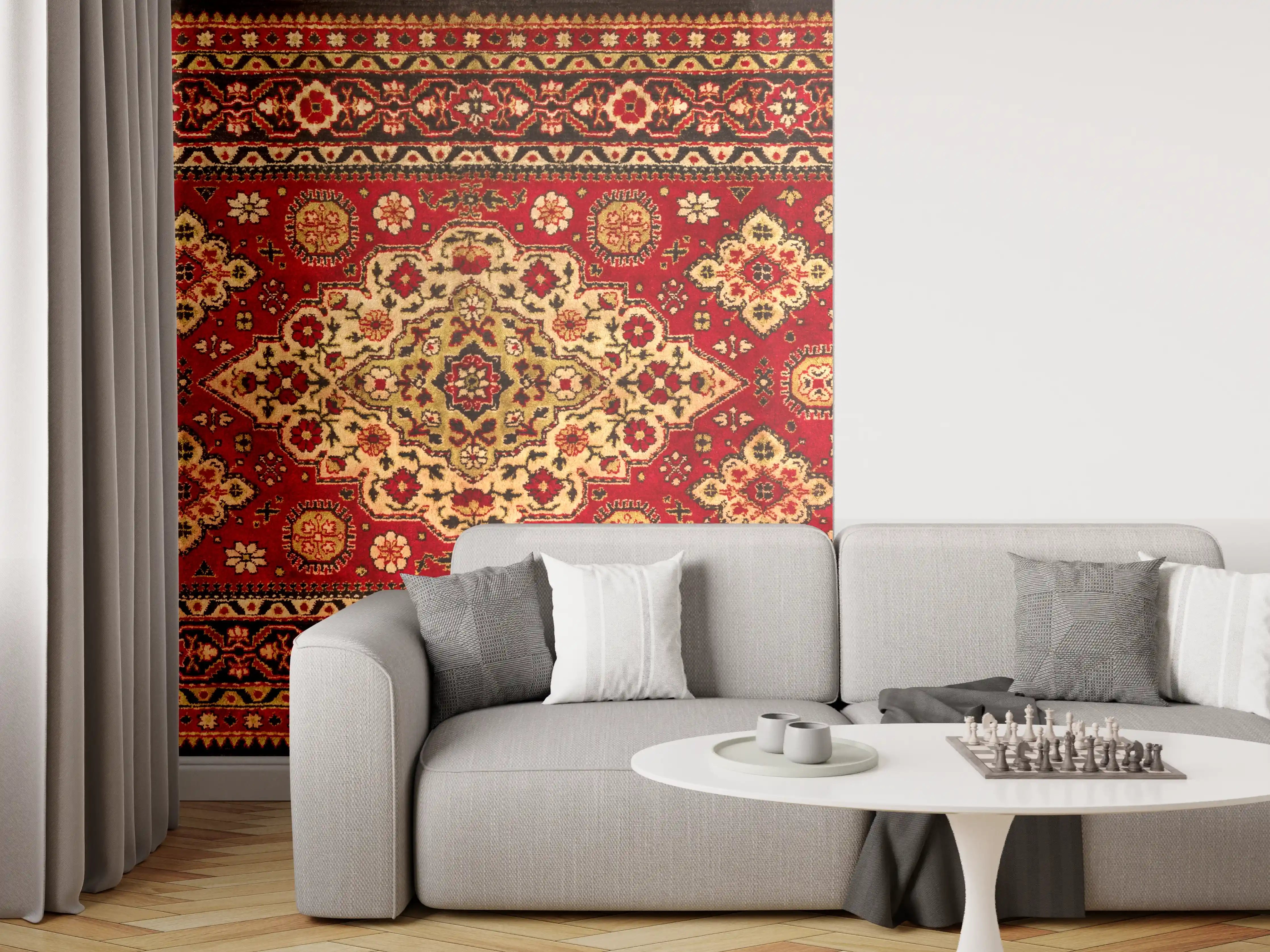 Wandverkleidung Wohnzimmer - Eleganter Orientteppich in Rot und Gold