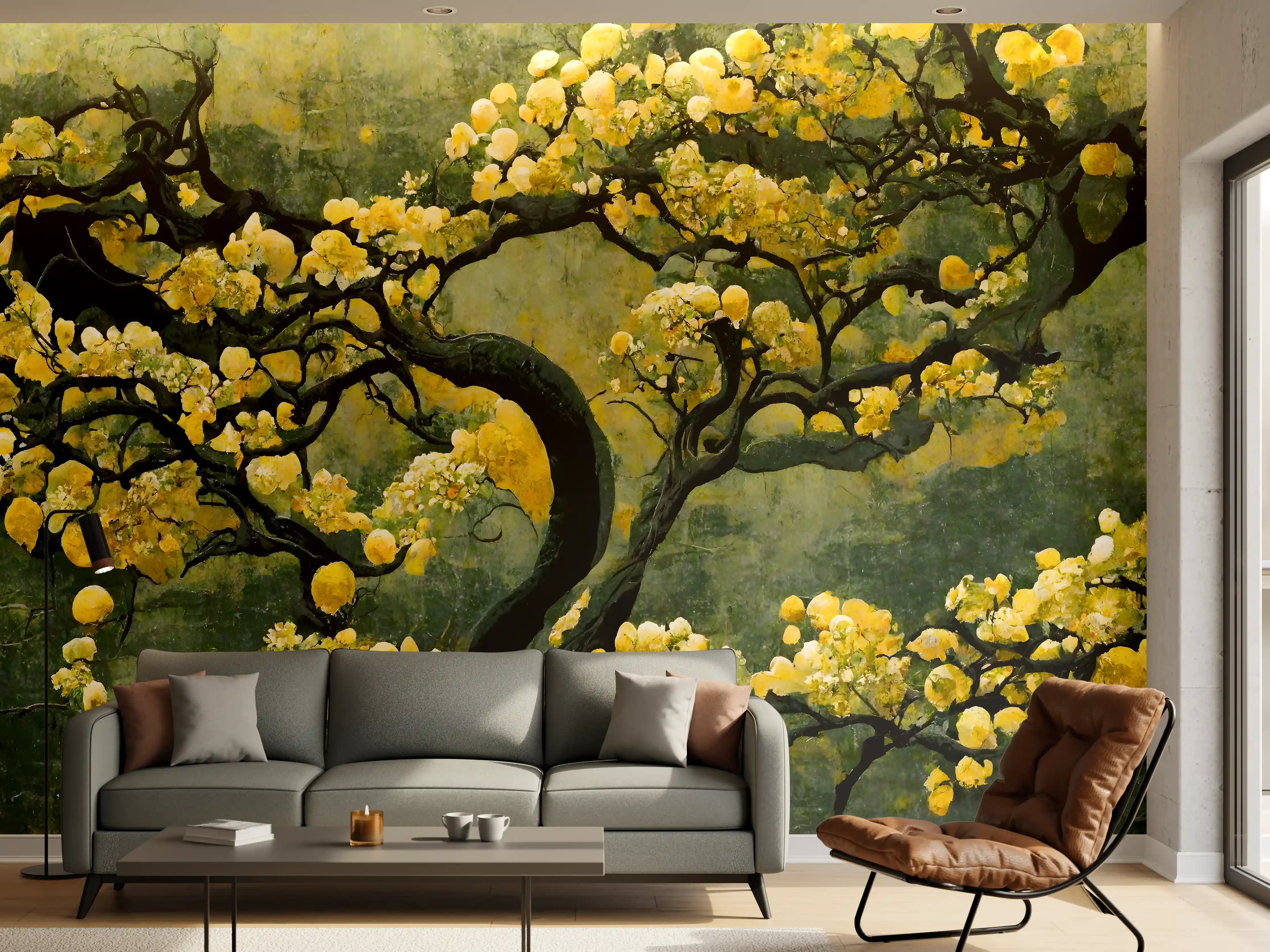 Wandverkleidung Wohnzimmer - Eleganter goldener Blütenbaum in der Natur