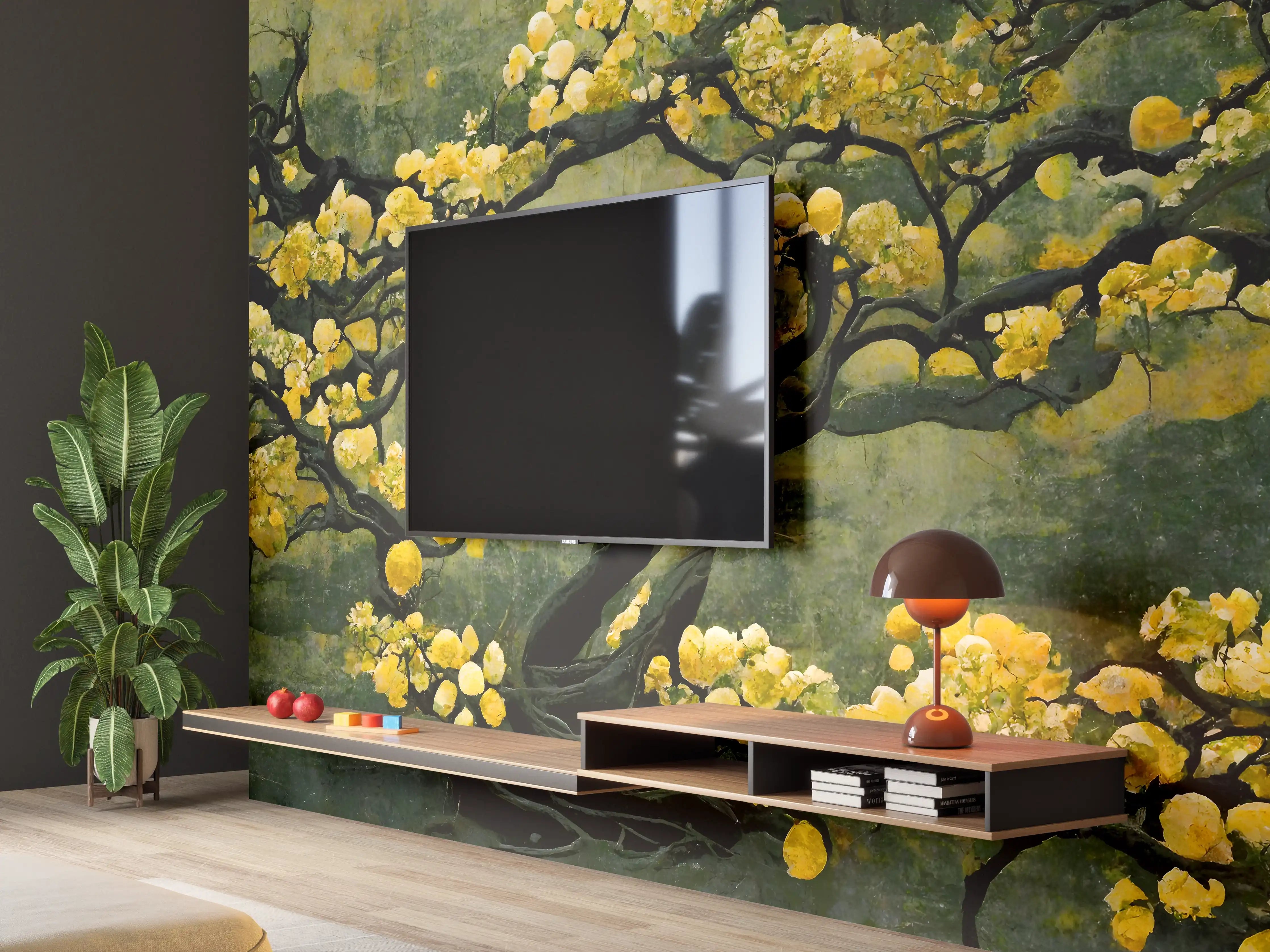 Wandverkleidung Wohnzimmer - Eleganter goldener Blütenbaum in der Natur