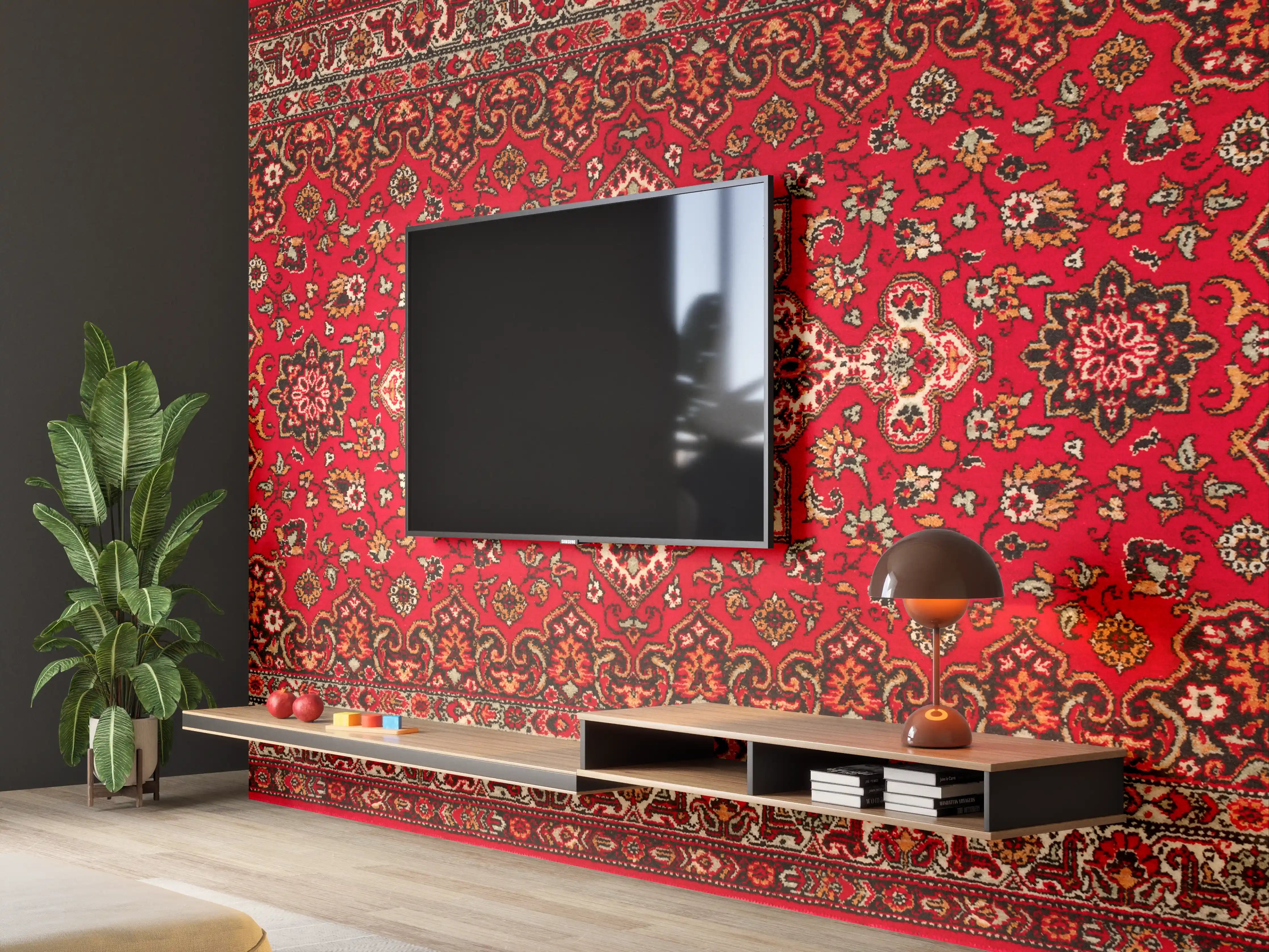 Wandverkleidung Wohnzimmer - Eleganter roter Perserteppich mit detailreichem Muster