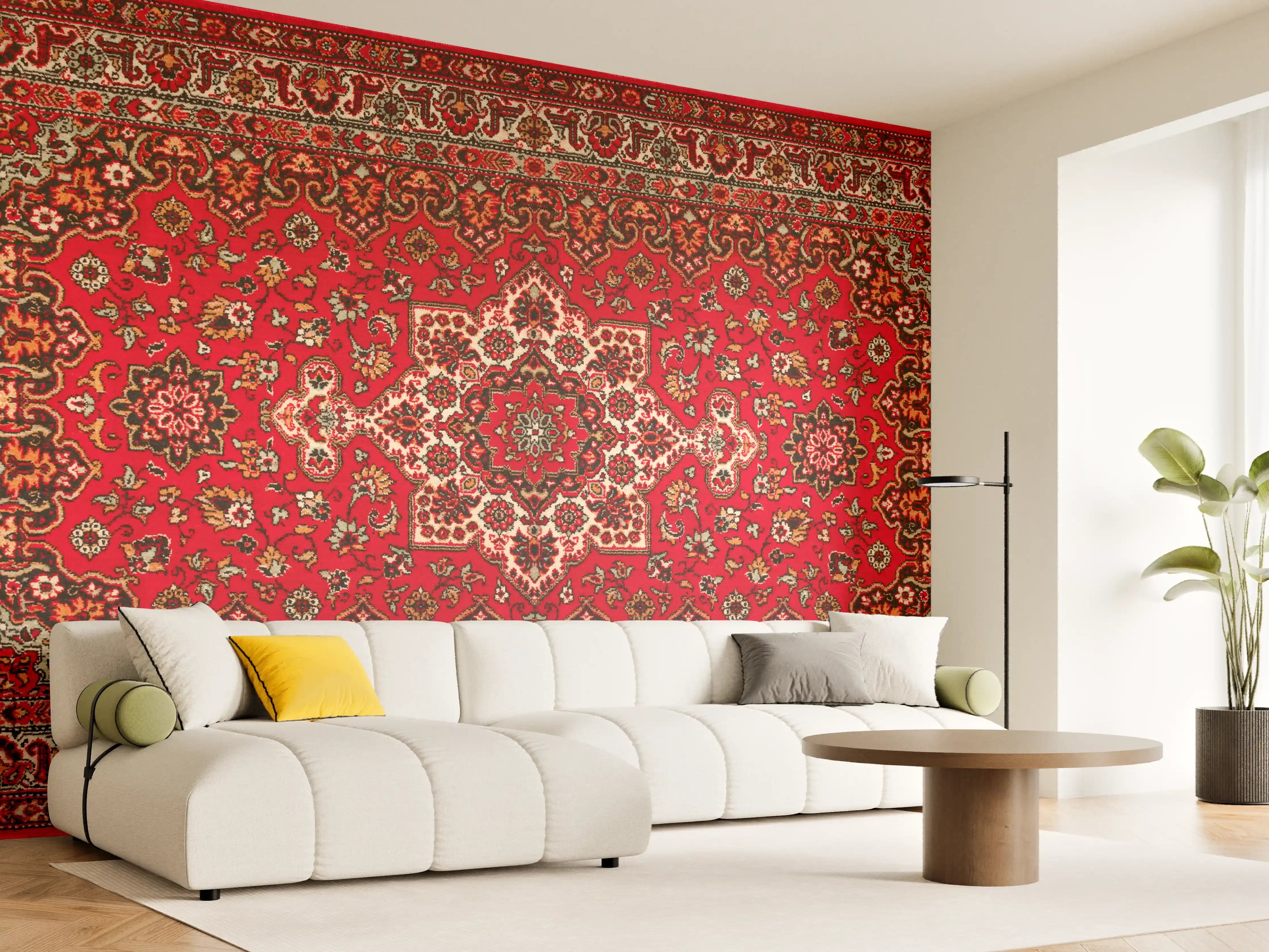 Wandverkleidung Wohnzimmer - Eleganter roter Perserteppich mit detailreichem Muster