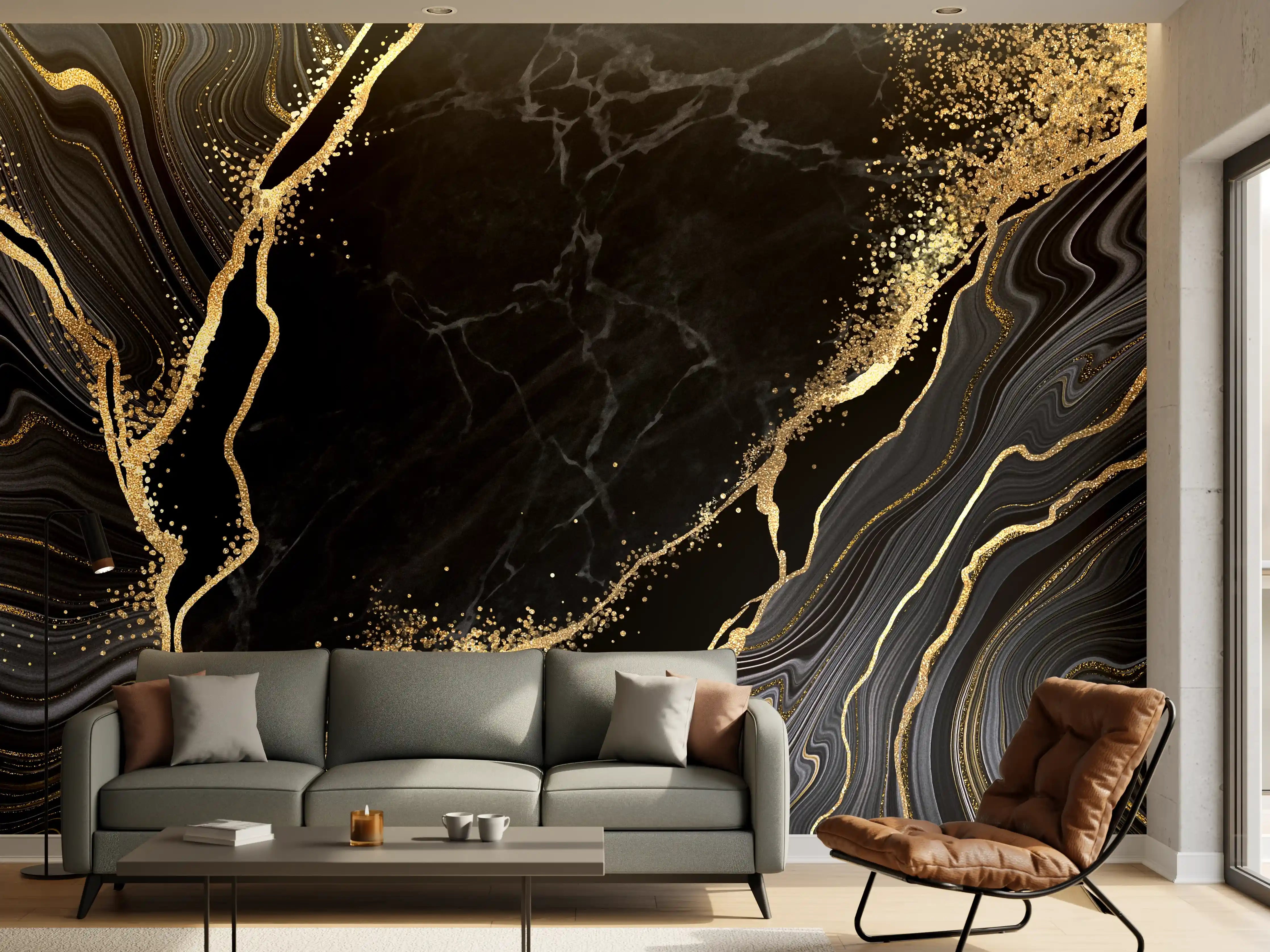 Wandverkleidung Wohnzimmer - Eleganter schwarzer Marmor mit Goldakzenten