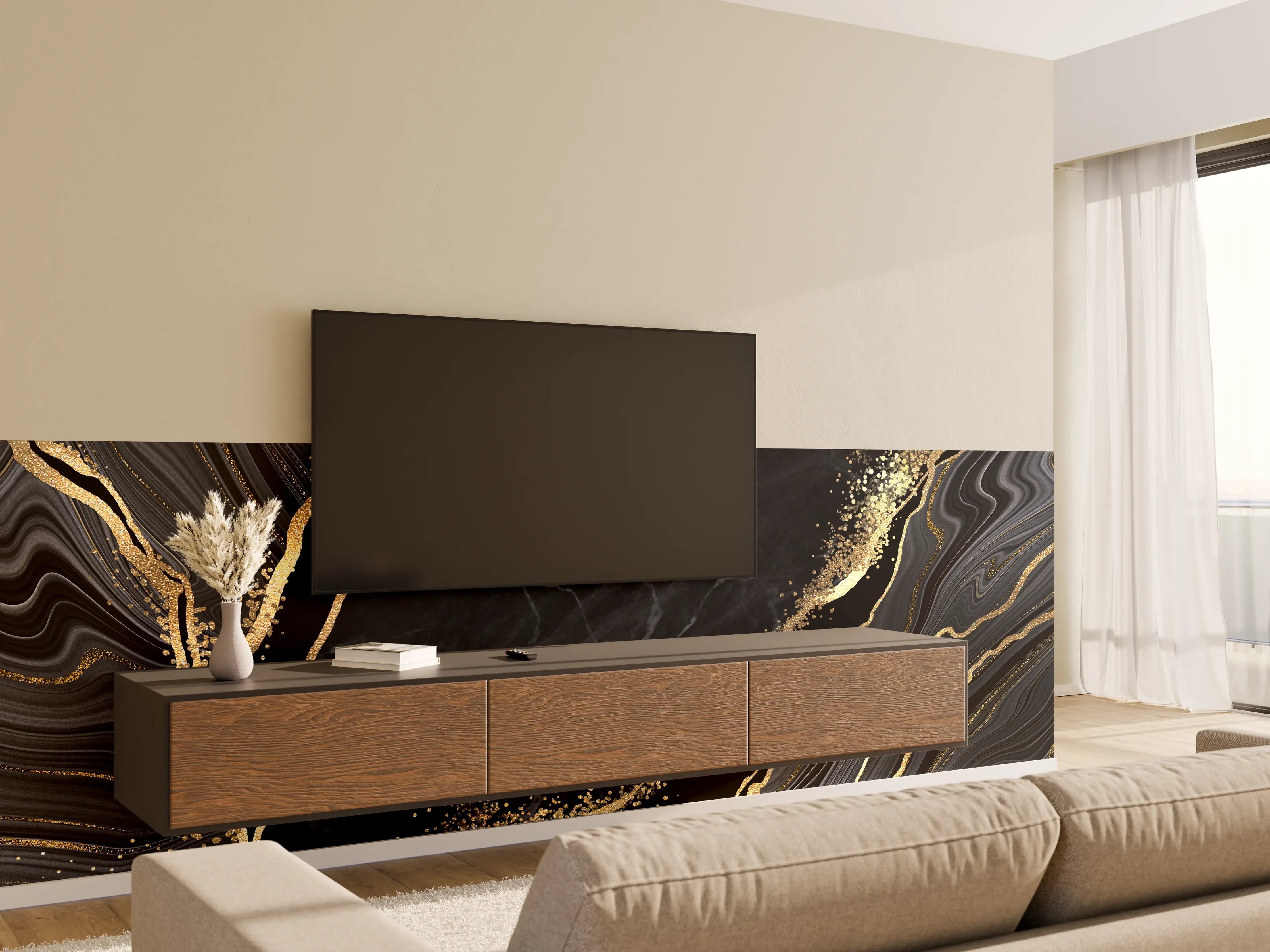 Wandverkleidung Wohnzimmer - Eleganter schwarzer Marmor mit Goldakzenten