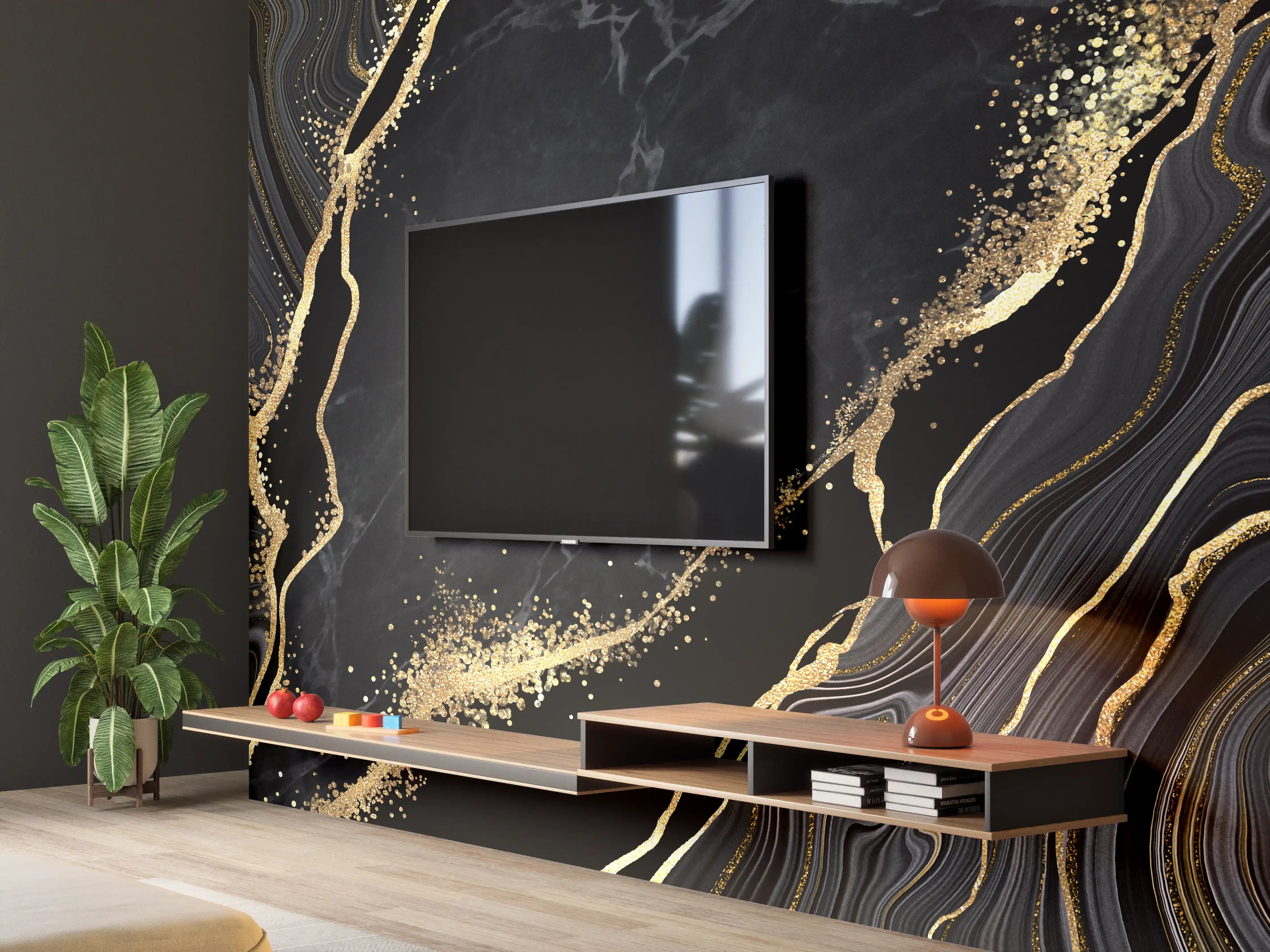 Wandverkleidung Wohnzimmer - Eleganter schwarzer Marmor mit Goldakzenten