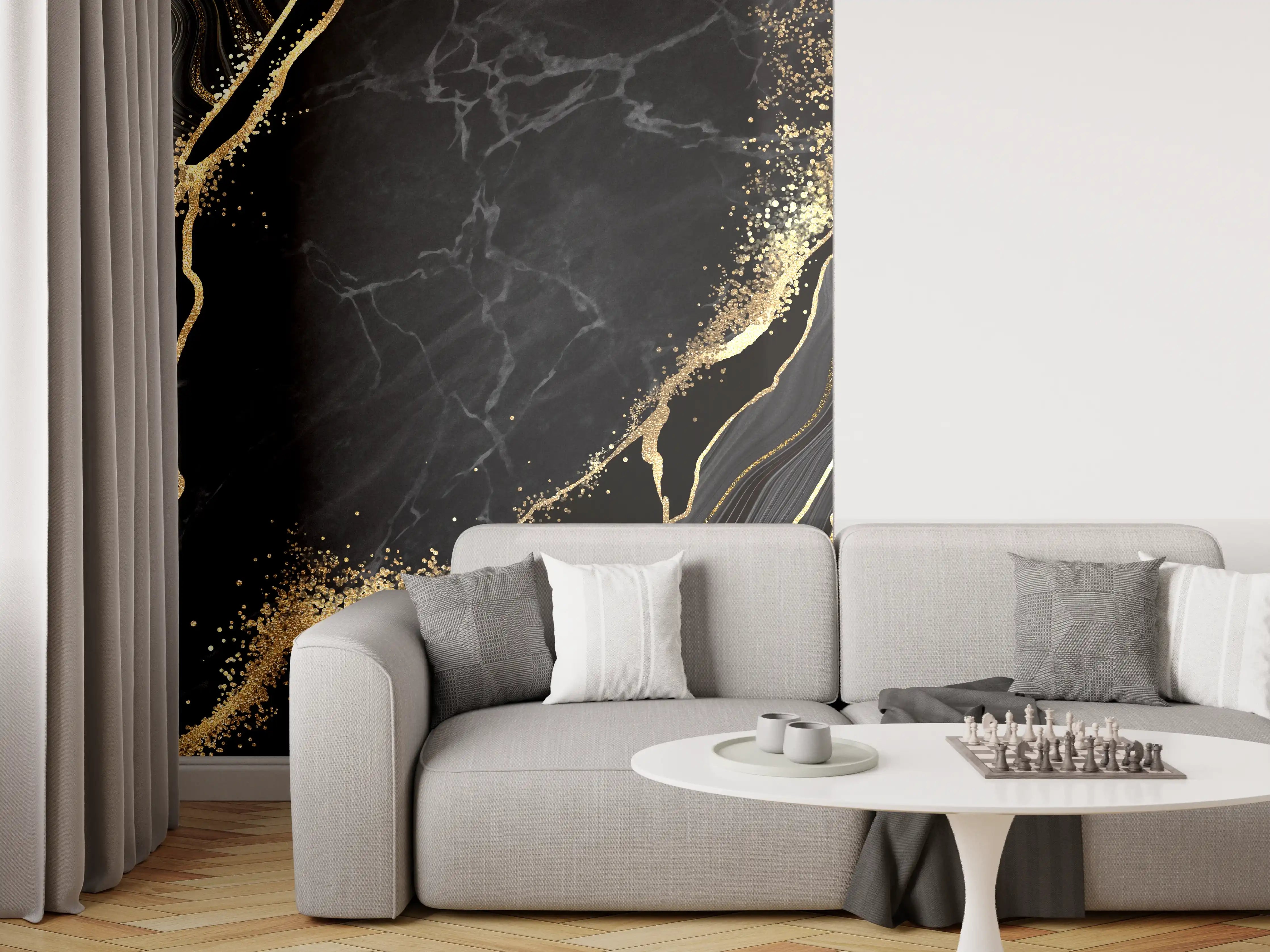 Wandverkleidung Wohnzimmer - Eleganter schwarzer Marmor mit Goldakzenten