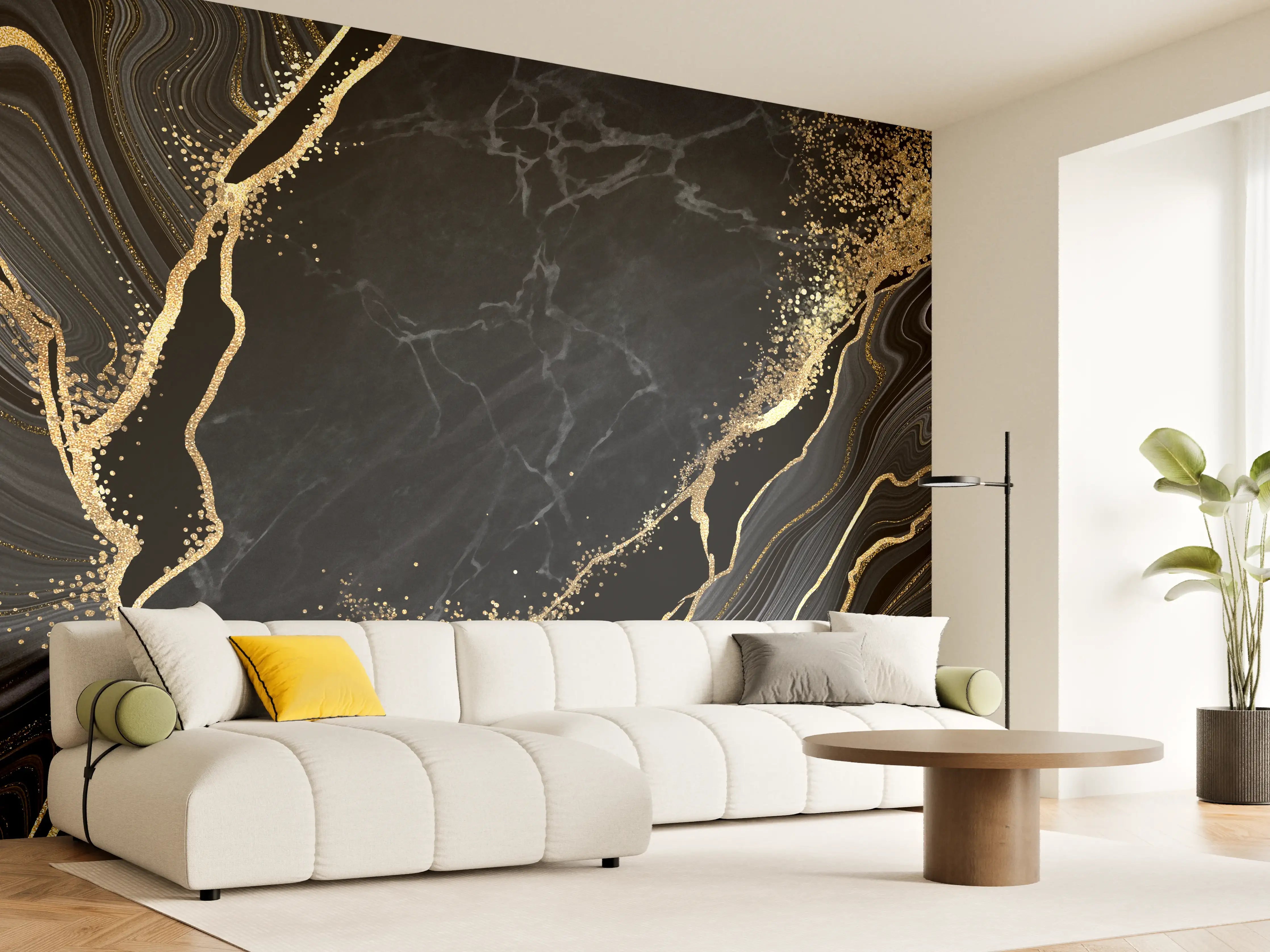 Wandverkleidung Wohnzimmer - Eleganter schwarzer Marmor mit Goldakzenten