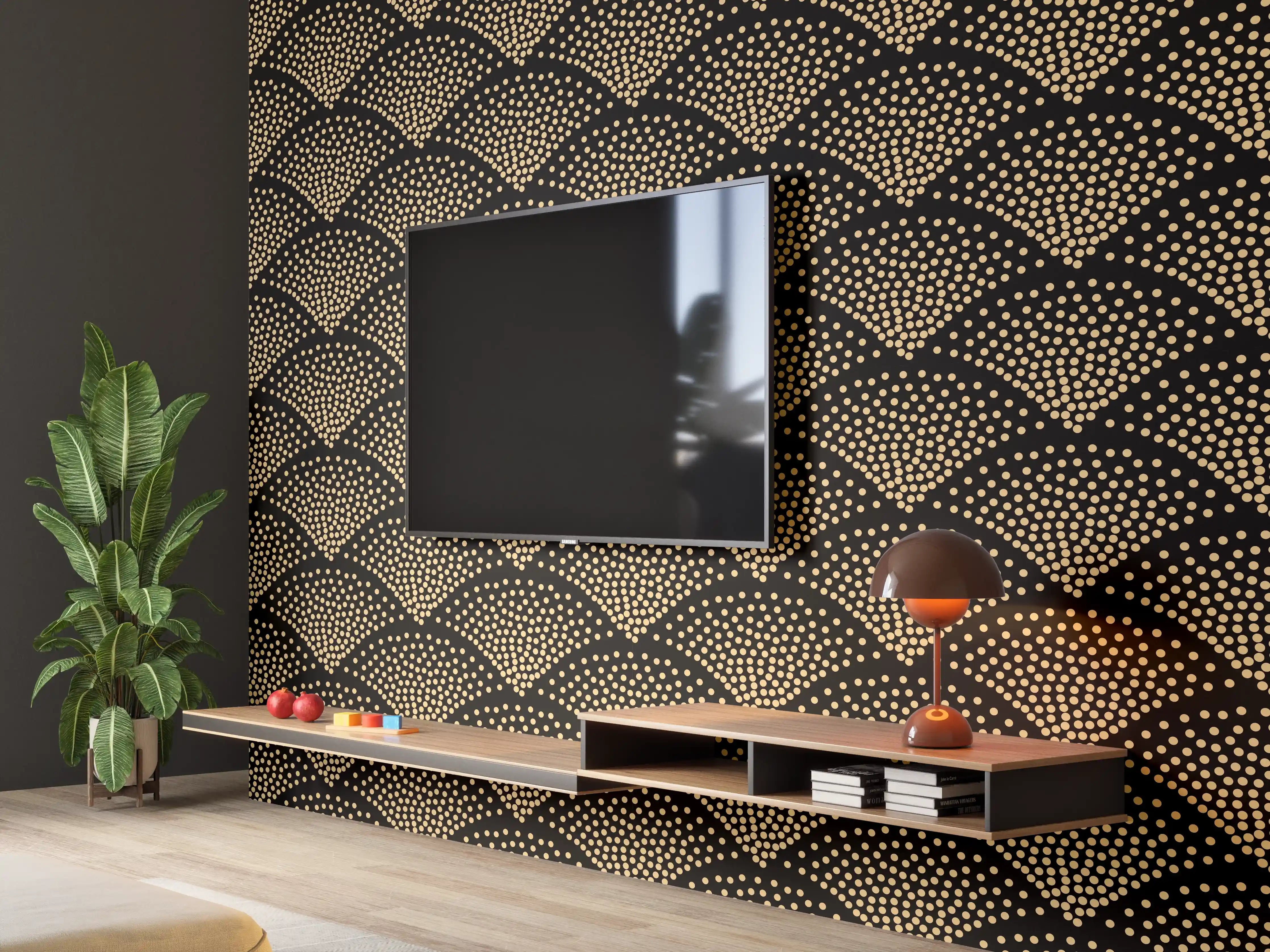 Wandverkleidung Wohnzimmer - Eleganter schwarzer Stoff mit goldenen Punkten