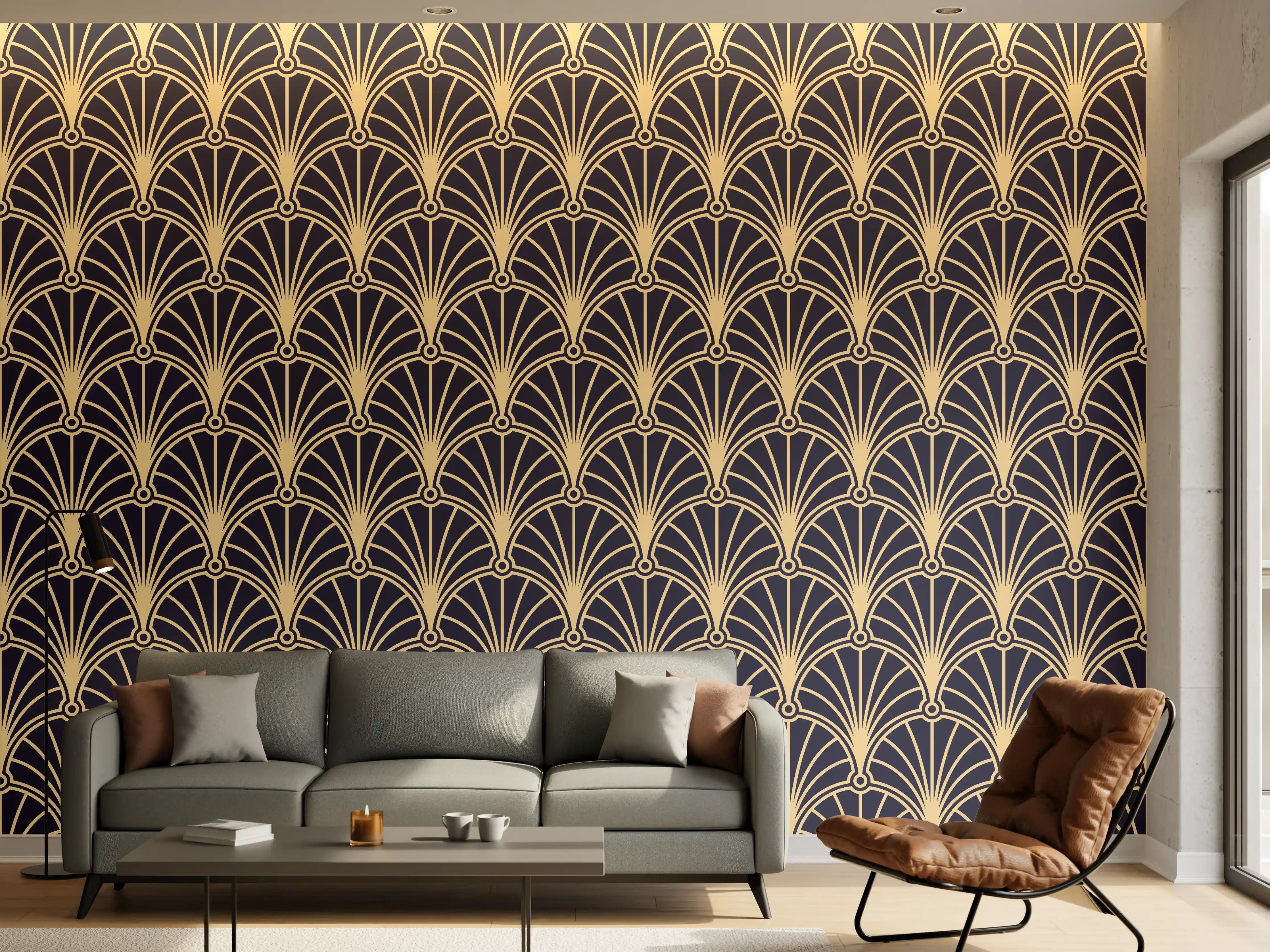 Wandverkleidung Wohnzimmer - Elegantes Art Déco Muster in Gold und Blau