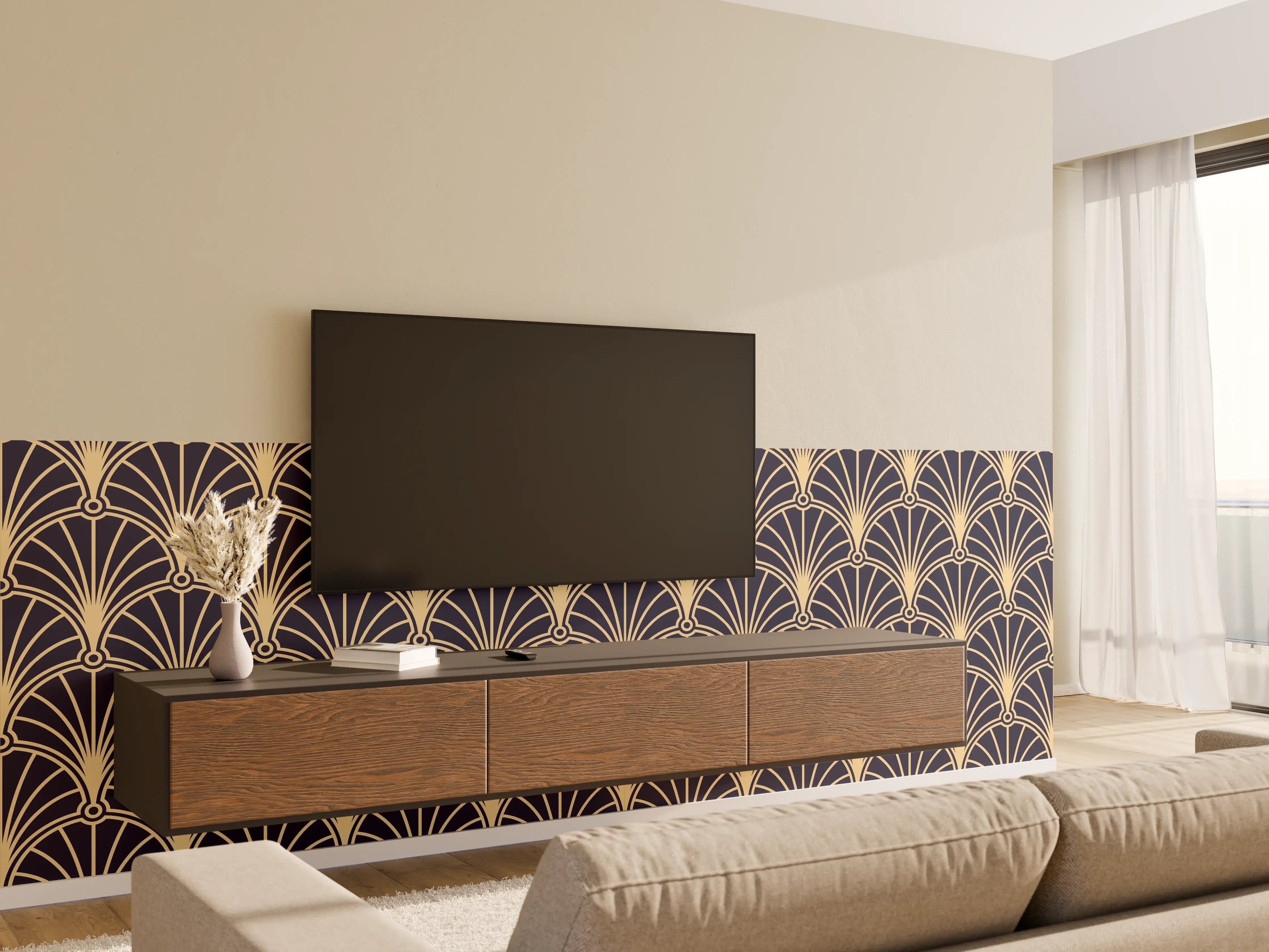 Wandverkleidung Wohnzimmer - Elegantes Art Déco Muster in Gold und Blau