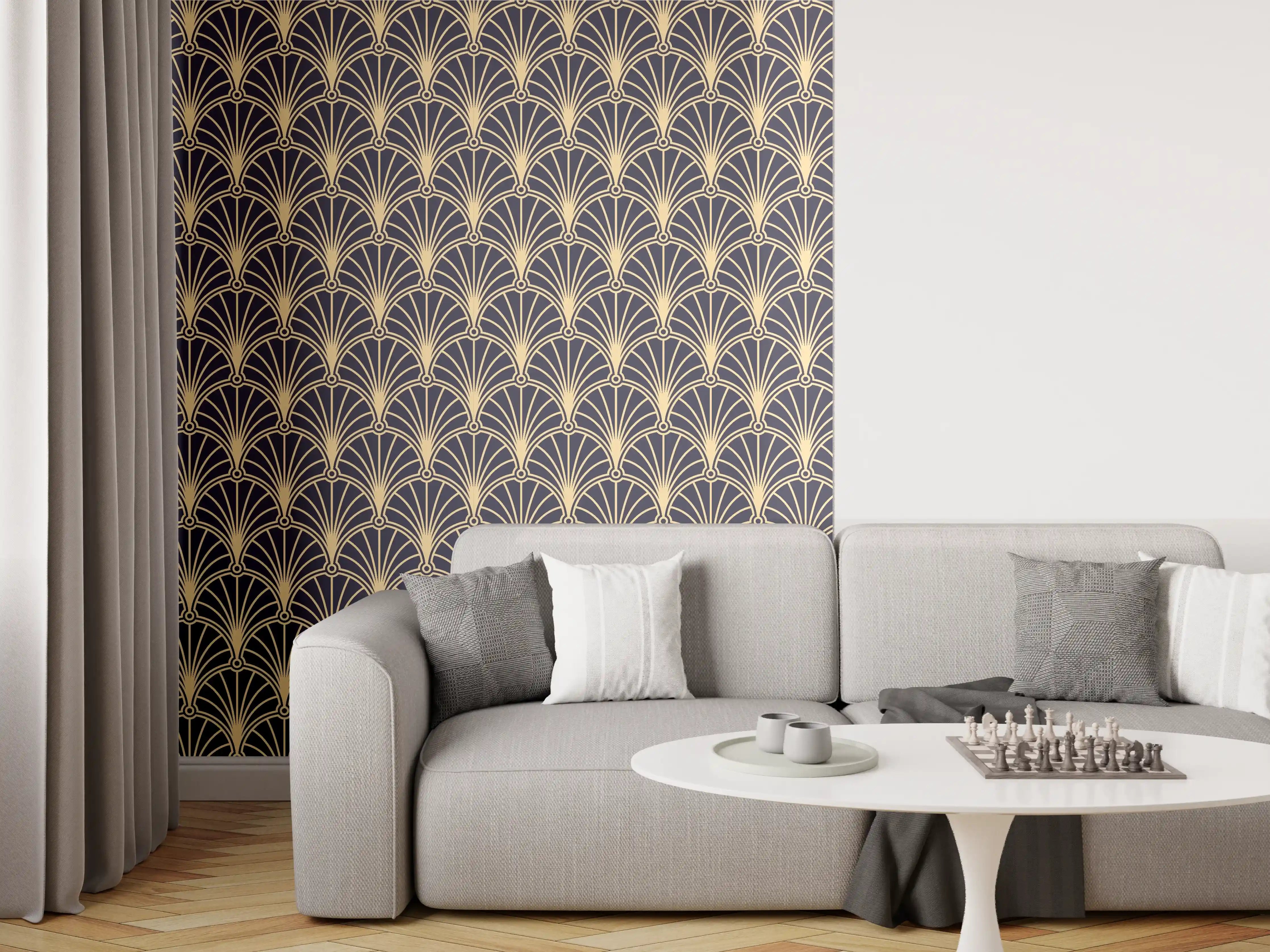 Wandverkleidung Wohnzimmer - Elegantes Art Déco Muster in Gold und Blau