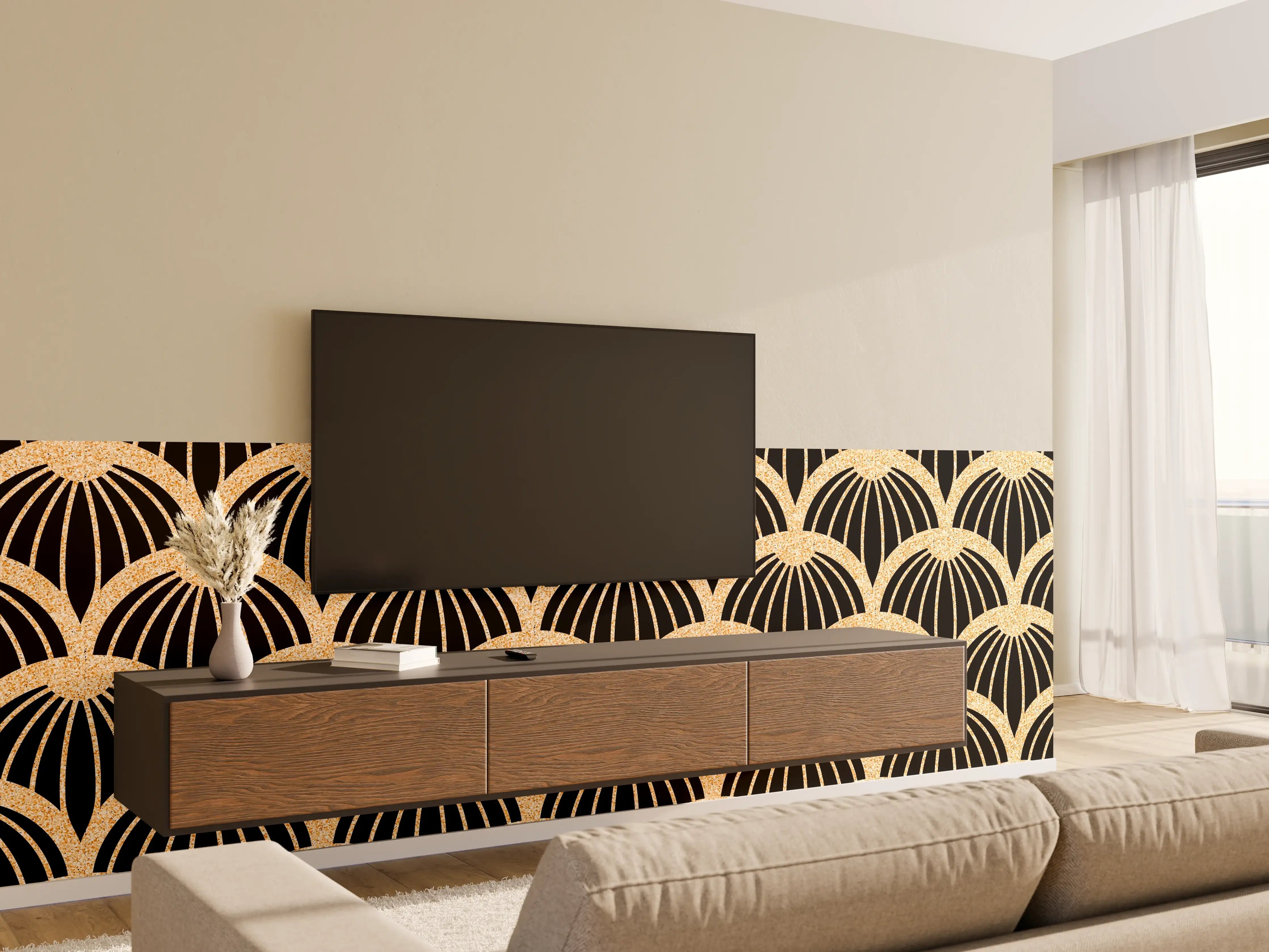 Wandverkleidung Wohnzimmer - Elegantes Art Déco Muster in Schwarz und Kupfer
