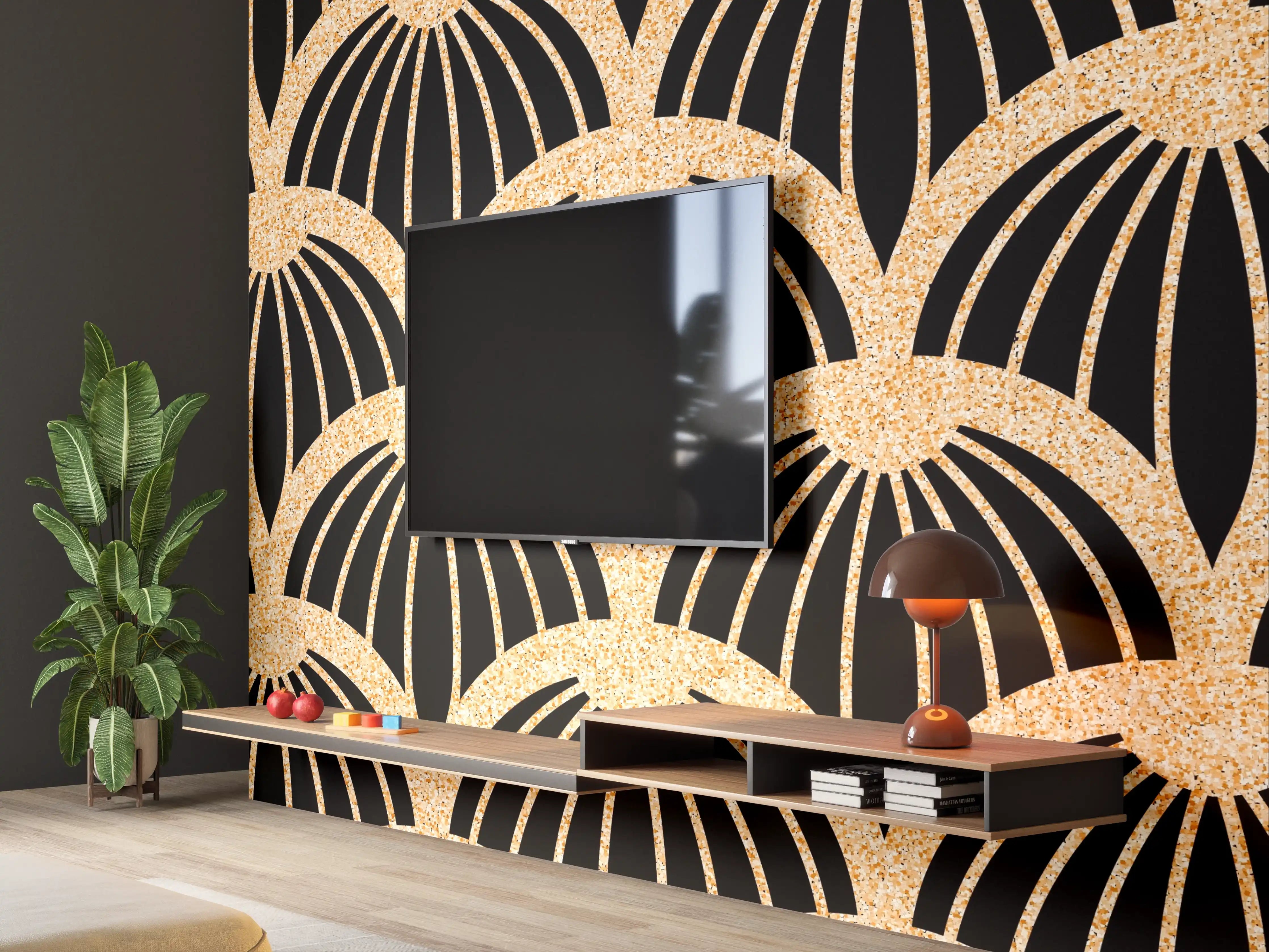 Wandverkleidung Wohnzimmer - Elegantes Art Déco Muster in Schwarz und Kupfer