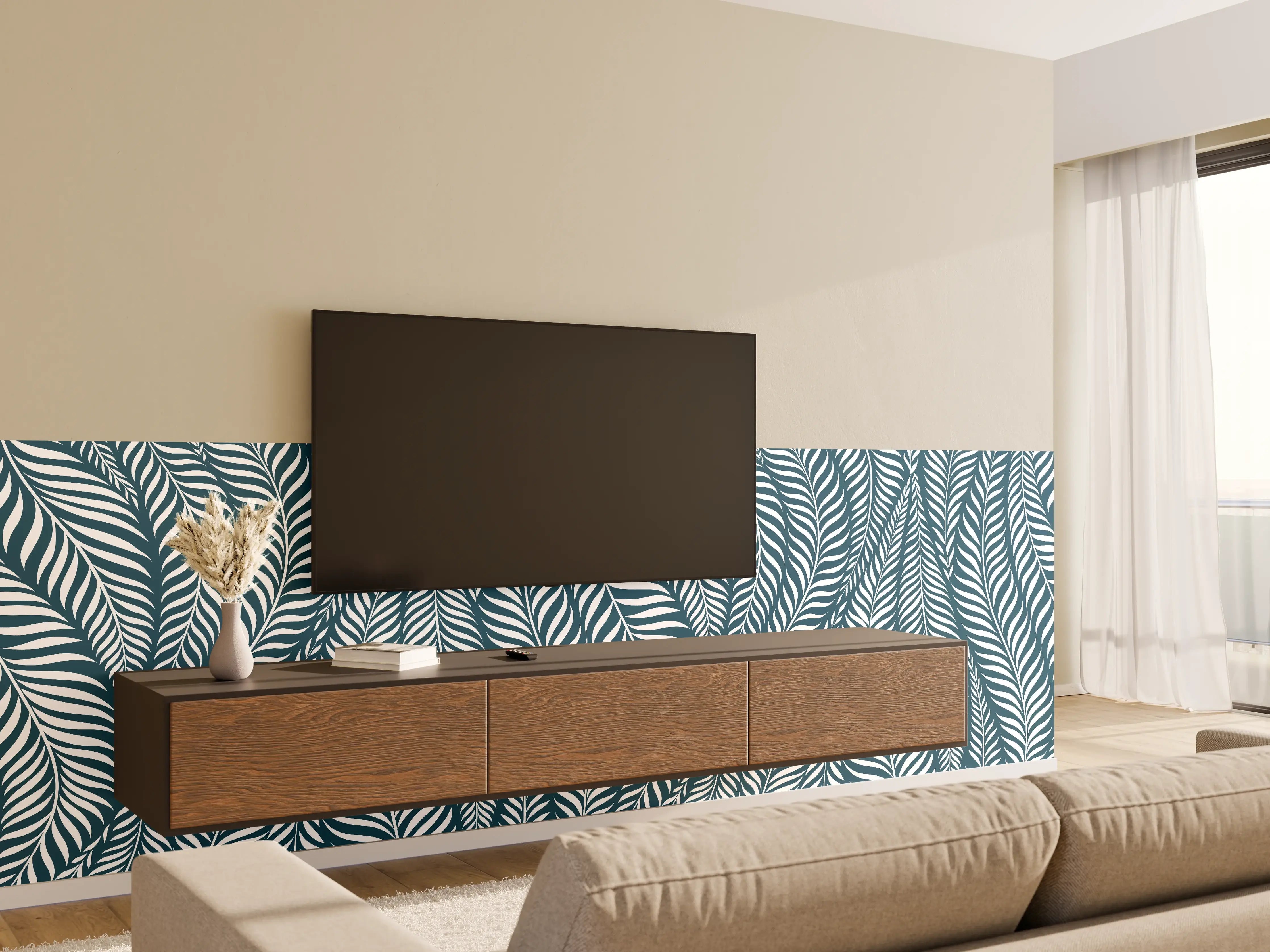 Wandverkleidung Wohnzimmer - Elegantes Blättermuster in Blau und Weiß