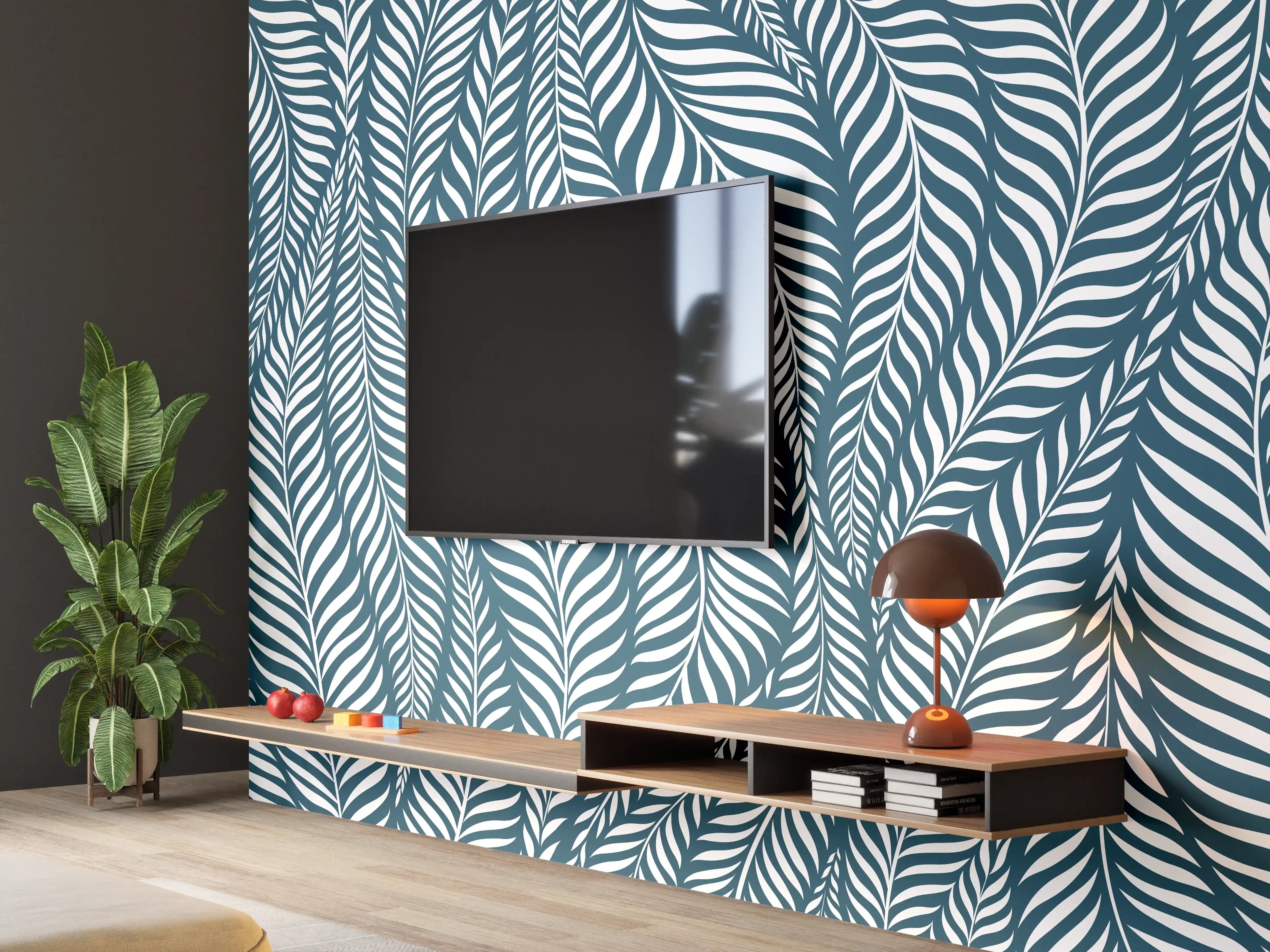 Wandverkleidung Wohnzimmer - Elegantes Blättermuster in Blau und Weiß