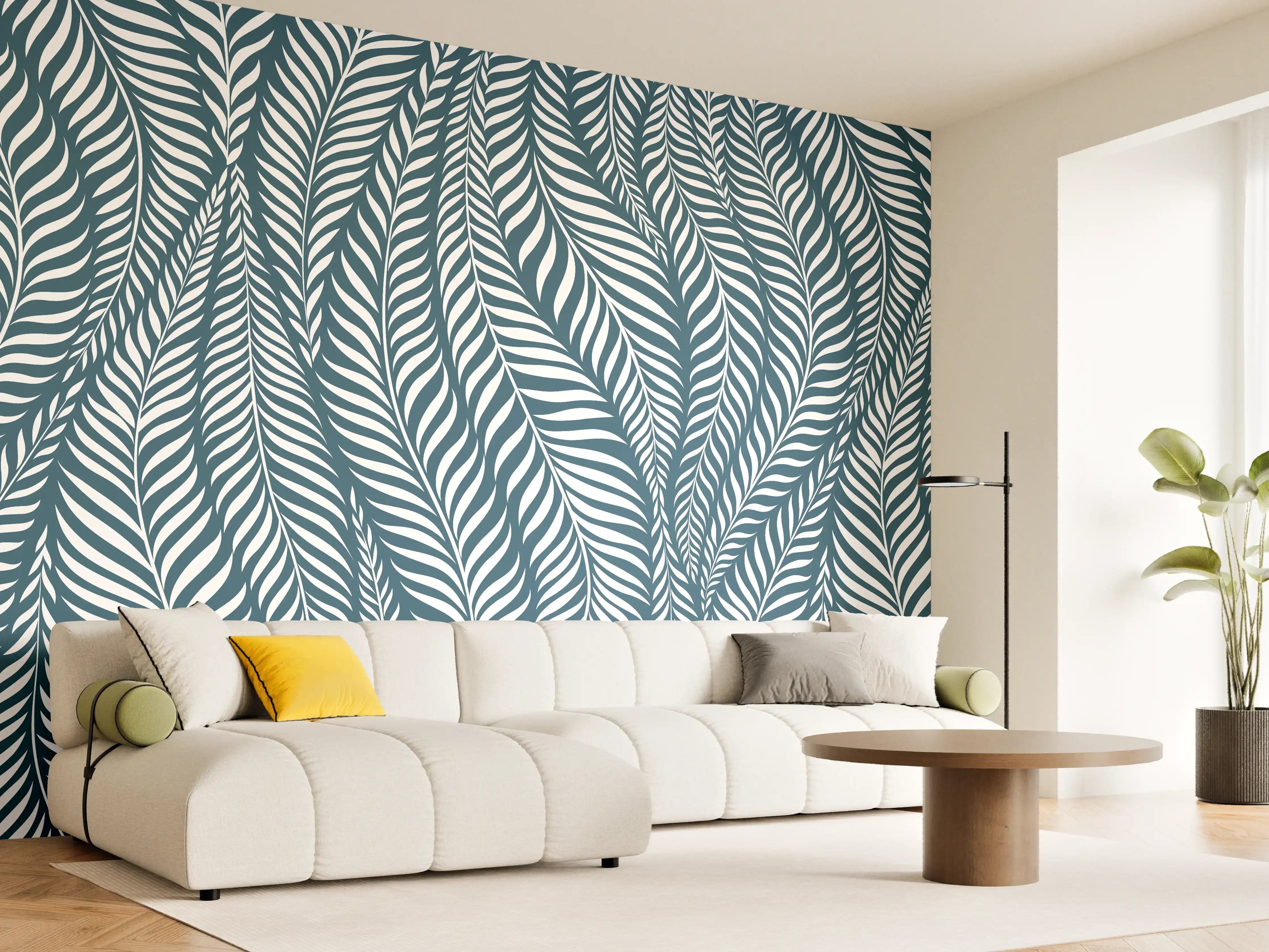 Wandverkleidung Wohnzimmer - Elegantes Blättermuster in Blau und Weiß