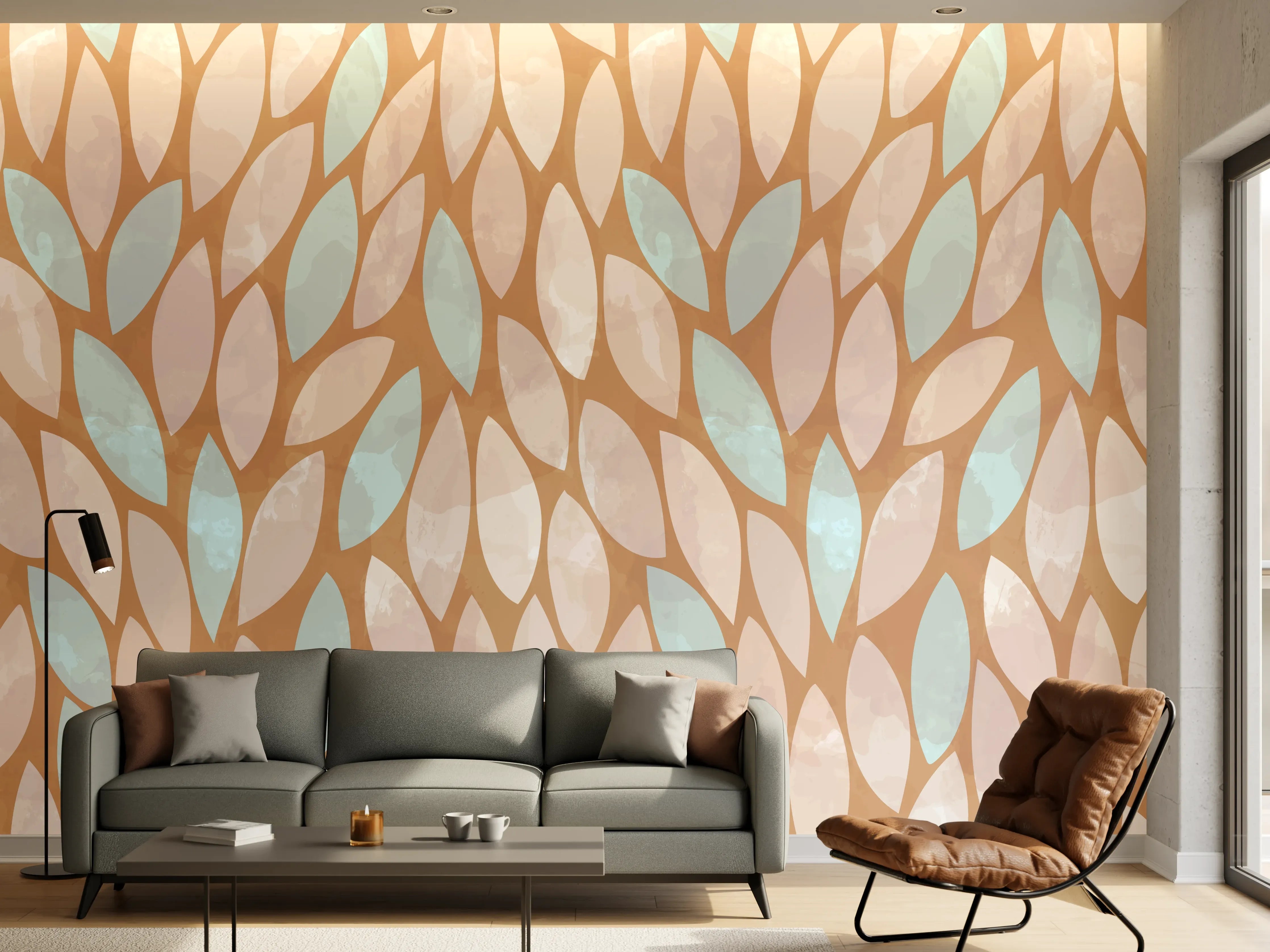 Wandverkleidung Wohnzimmer - Elegantes Blättermuster in Erdtönen