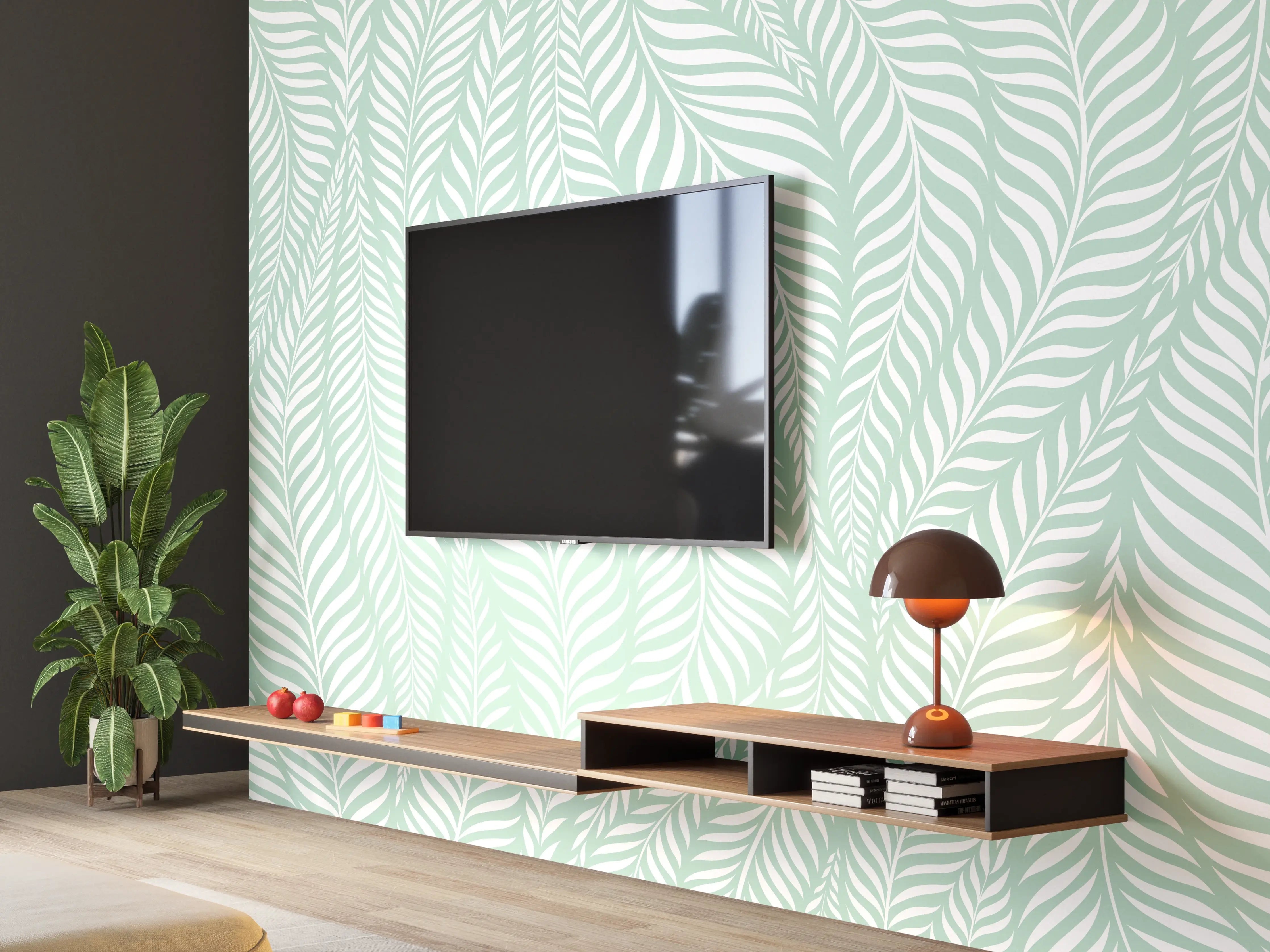 Wandverkleidung Wohnzimmer - Elegantes Blättermuster in Softgrün