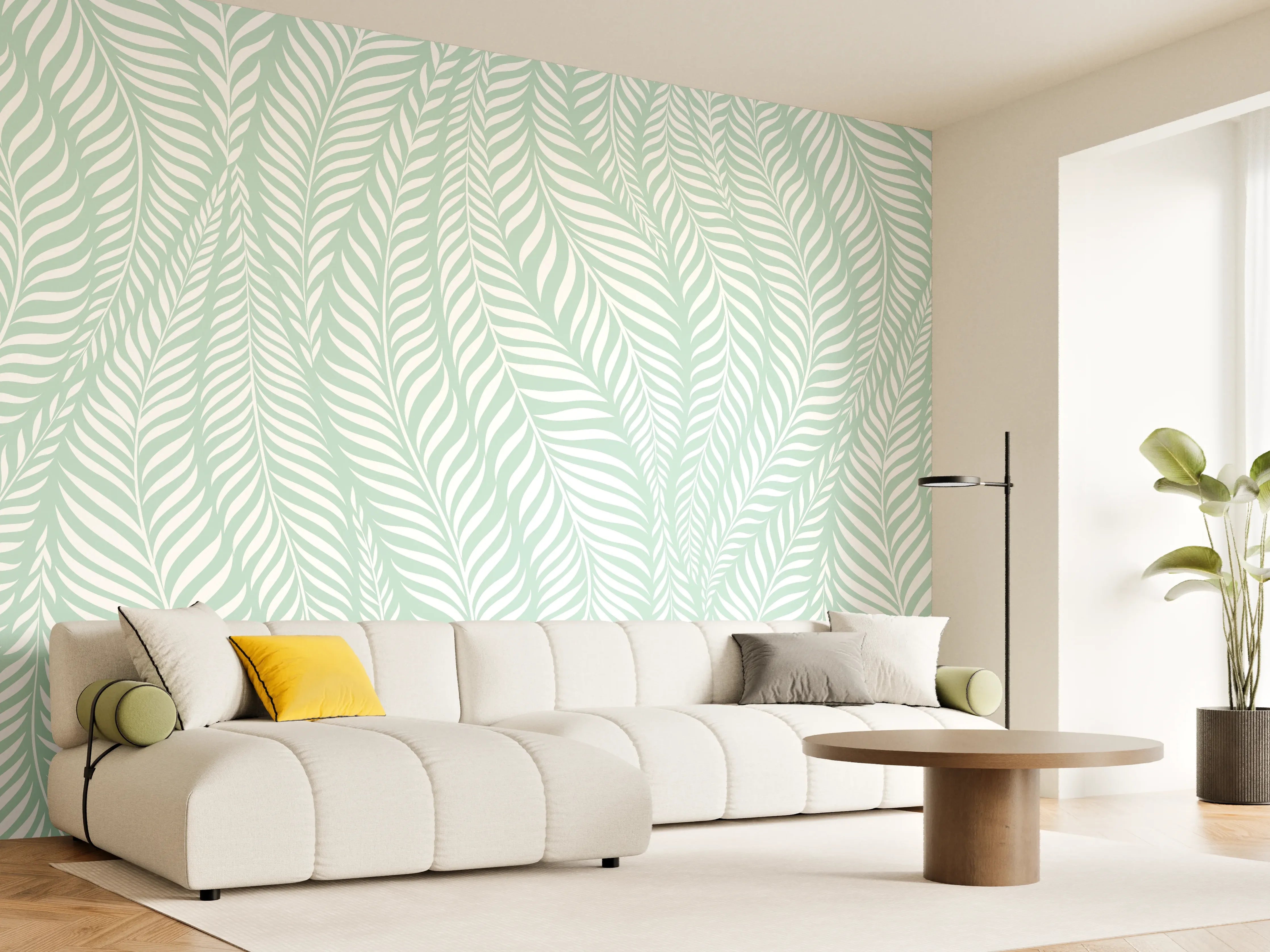 Wandverkleidung Wohnzimmer - Elegantes Blättermuster in Softgrün