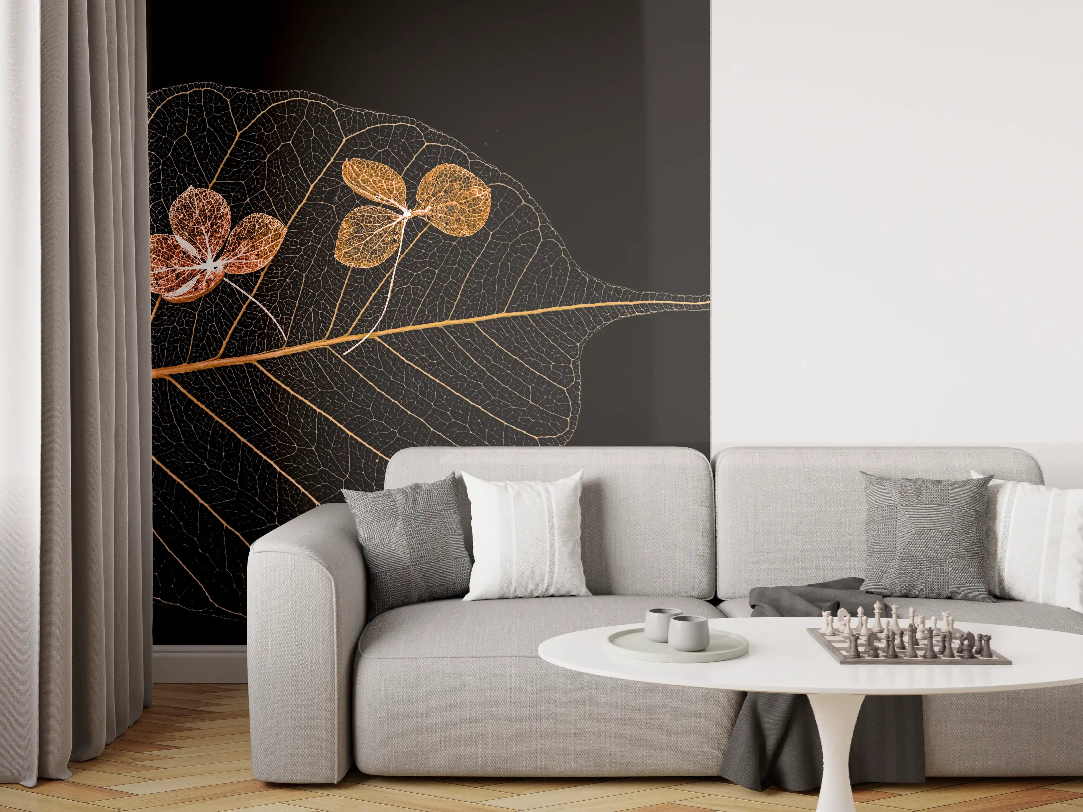 Wandverkleidung Wohnzimmer - Elegantes Blatt mit filigranen Blumen