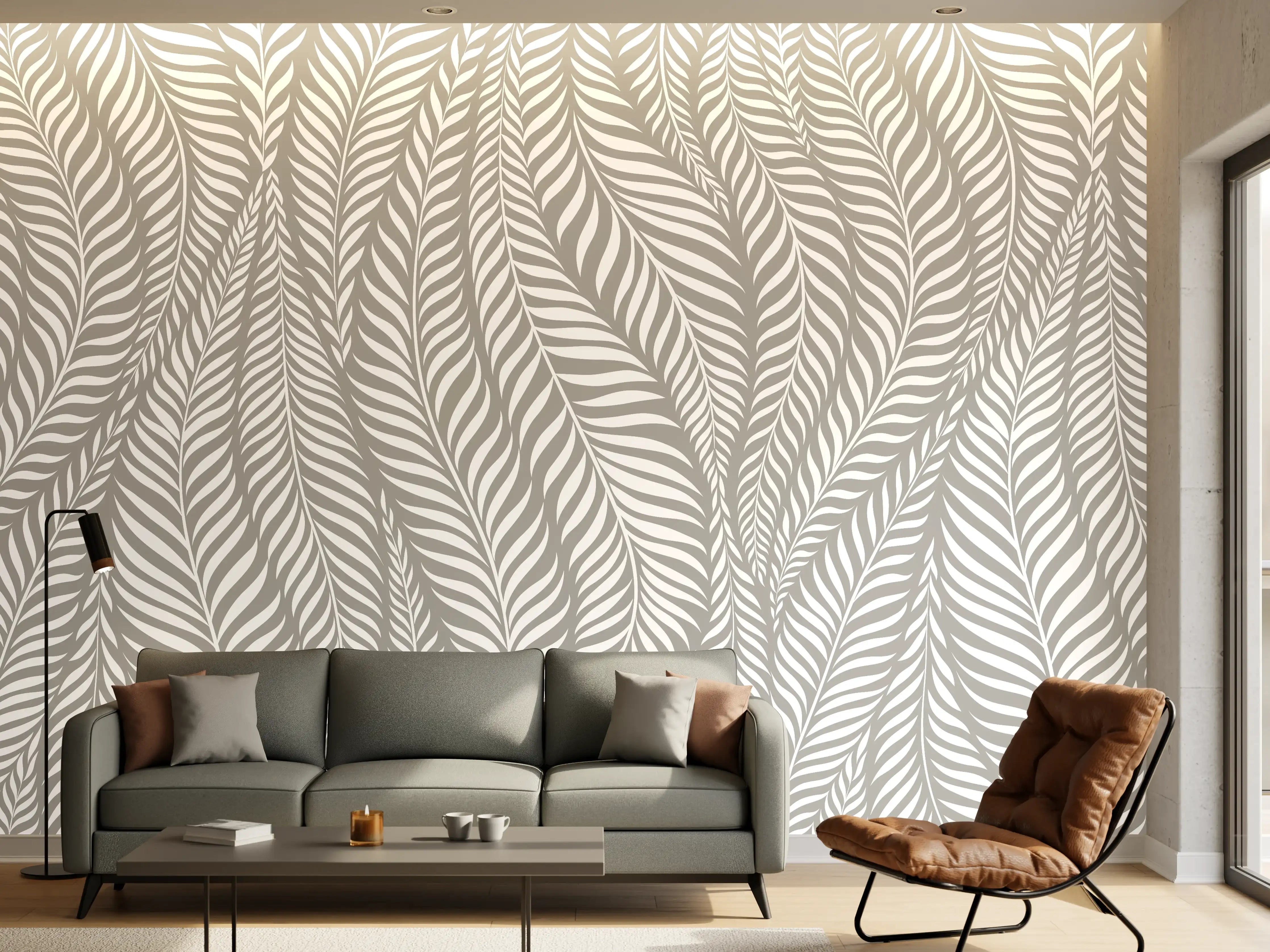 Wandverkleidung Wohnzimmer - Elegantes Blattmuster in Grau-Weiß