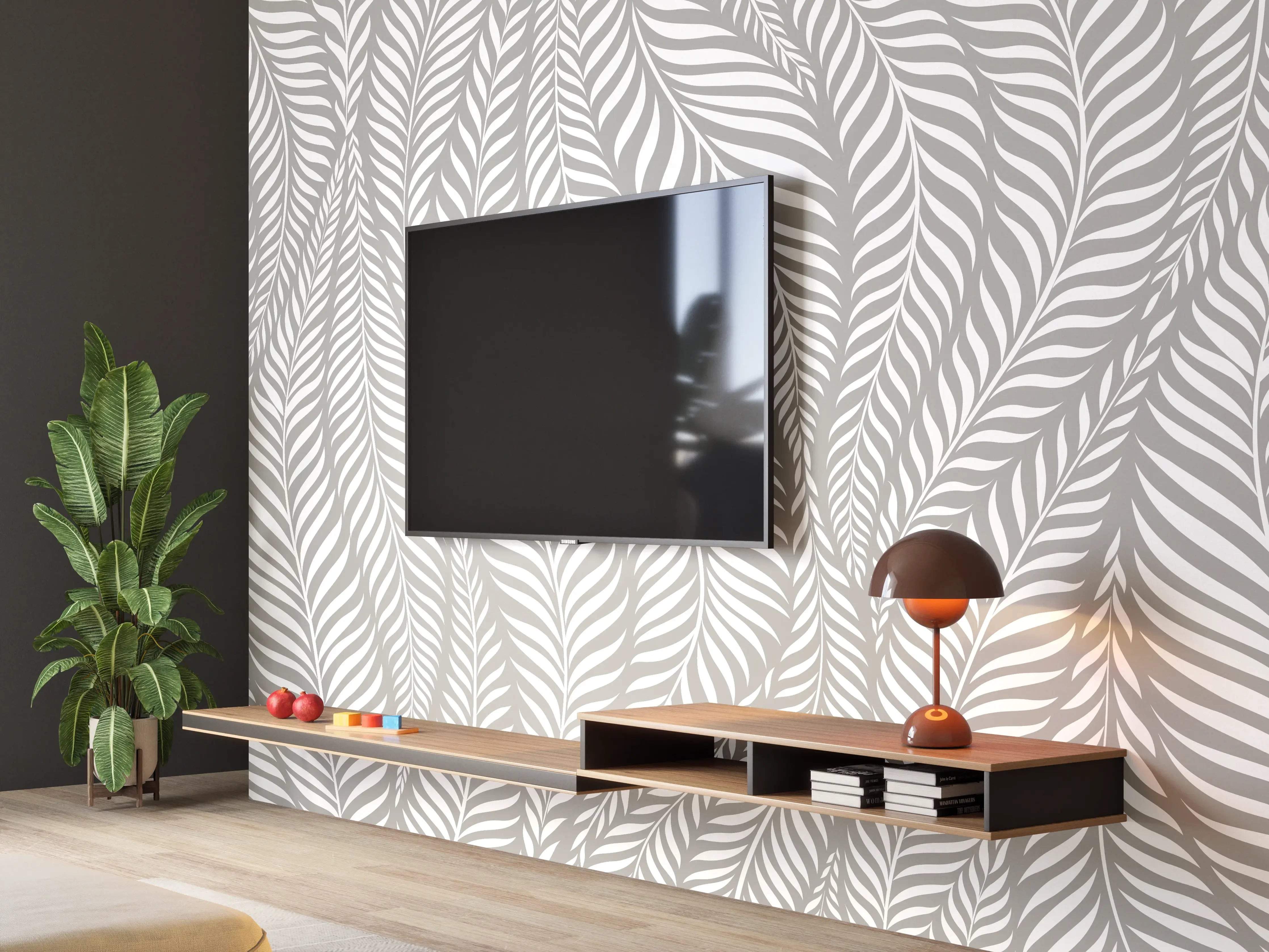 Wandverkleidung Wohnzimmer - Elegantes Blattmuster in Grau-Weiß